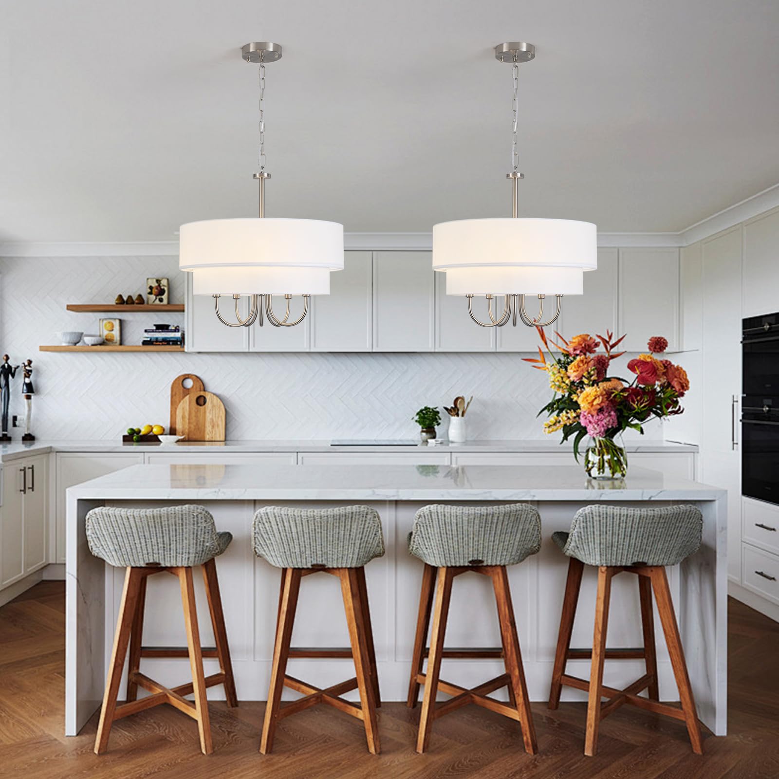 Modern Drum Chandeliers For Dining Room 5 Light Brushed Nickel Chandelier With Shades Contemporary Farmhouse Light Fixtures Hang