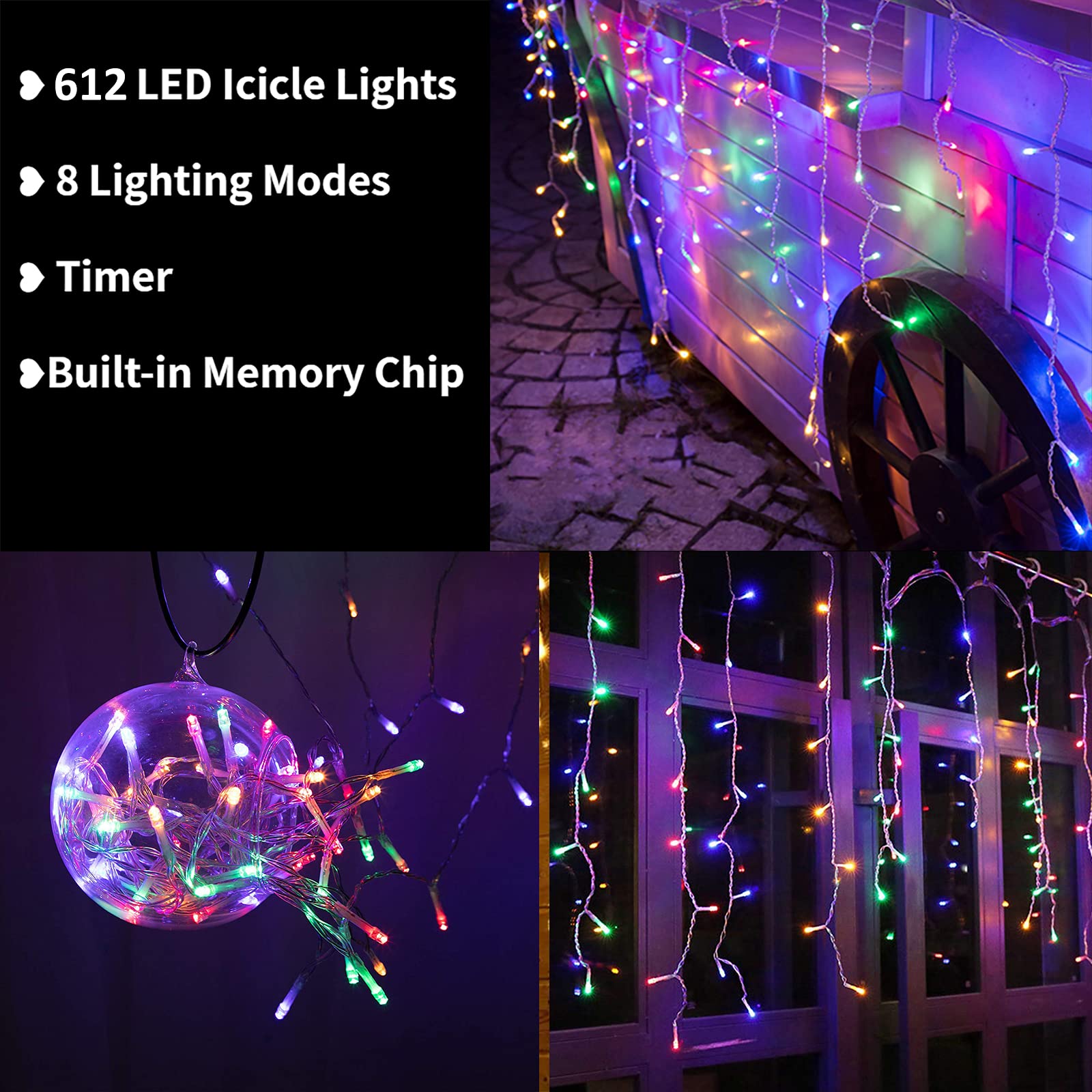Toodour Icicle Christmas Lights, 612 Led 50.4Ft 8 Modes Icicle String Lights With 102 Drops, Window Curtain Fairy Icicle Lights,