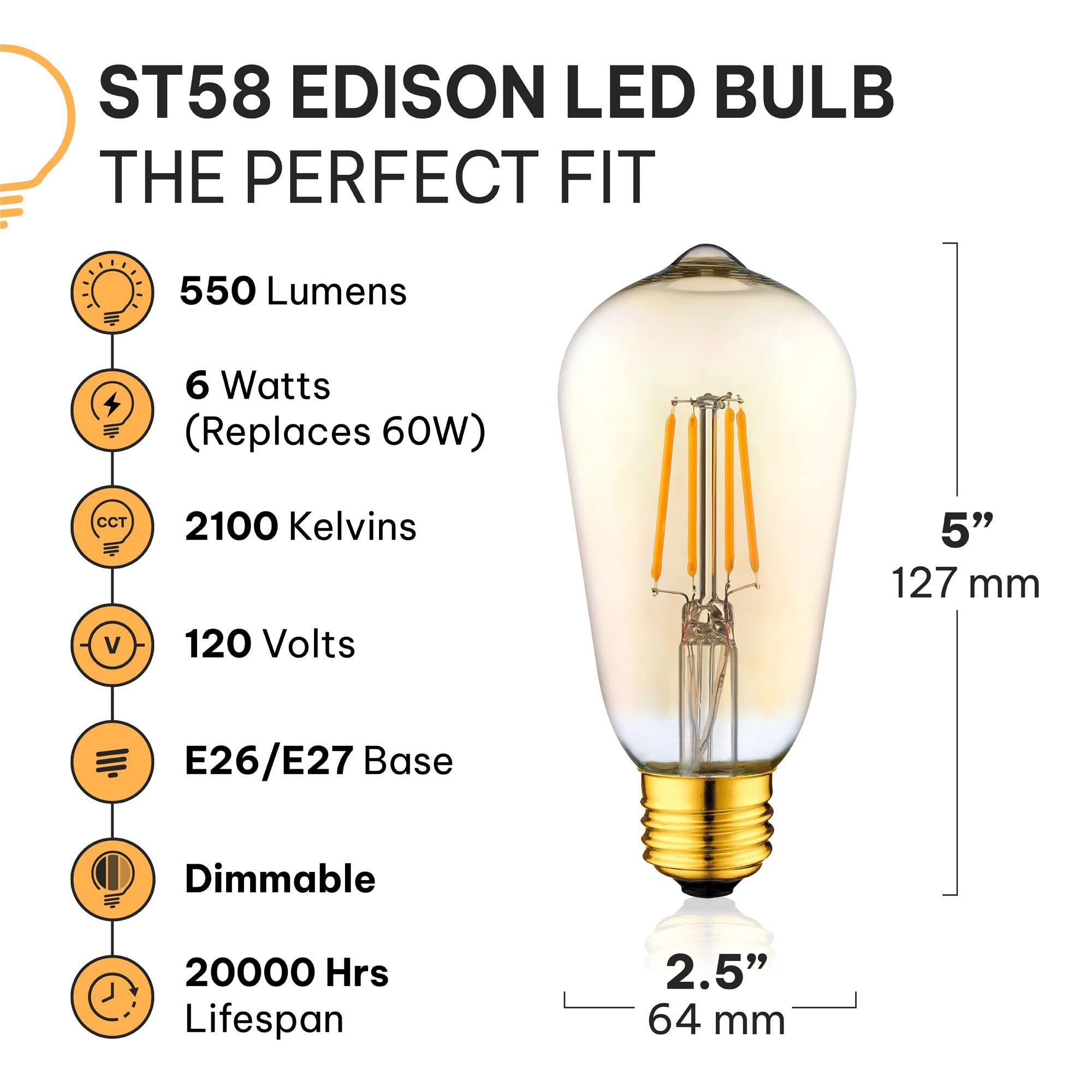 Hudson Bulb Co. 6W Vintage Edison Light Bulbs - 2700K Warm, Dimmable, E26/E