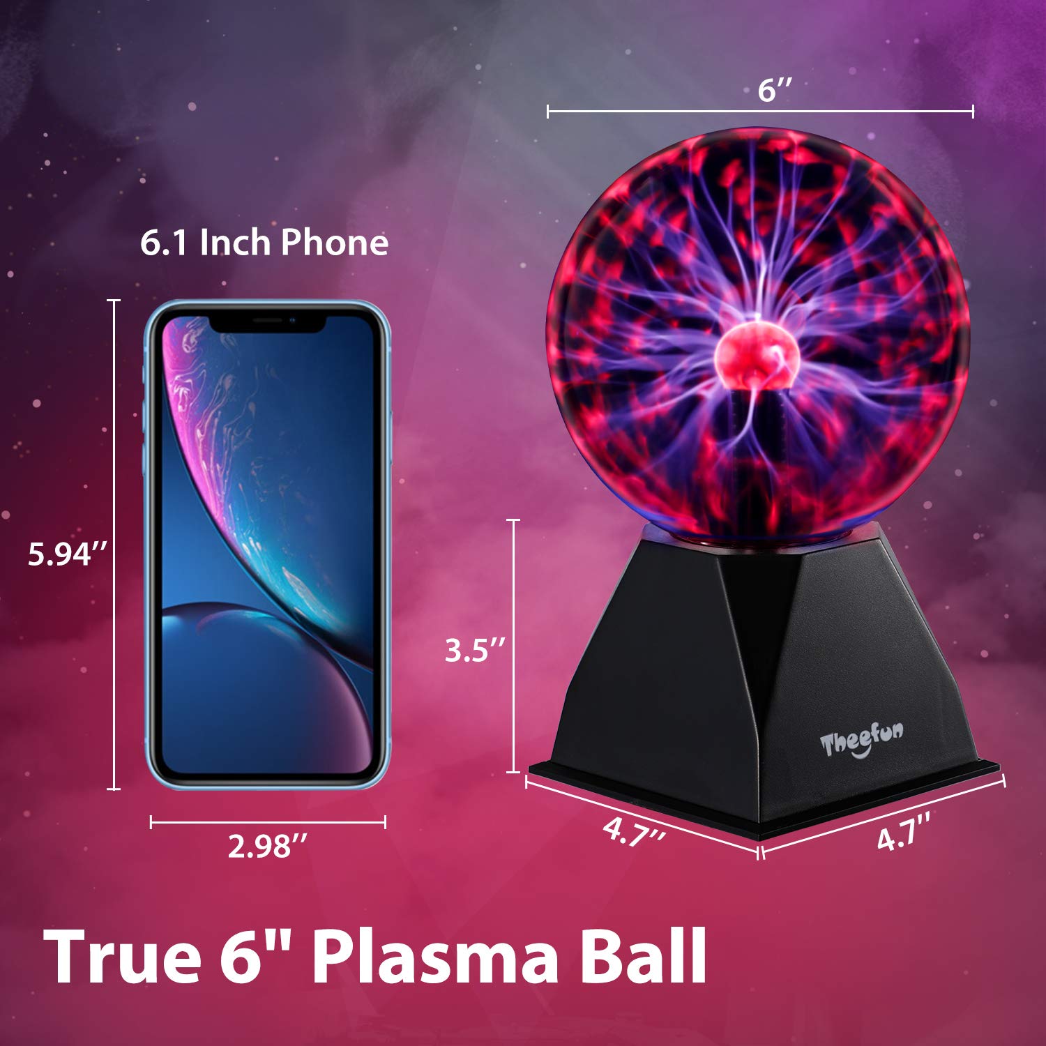 Theefun Plasma Ball Lamp - 6 Inch Touch & Sound Sensitive Plasma Globe - Red - NX-PS