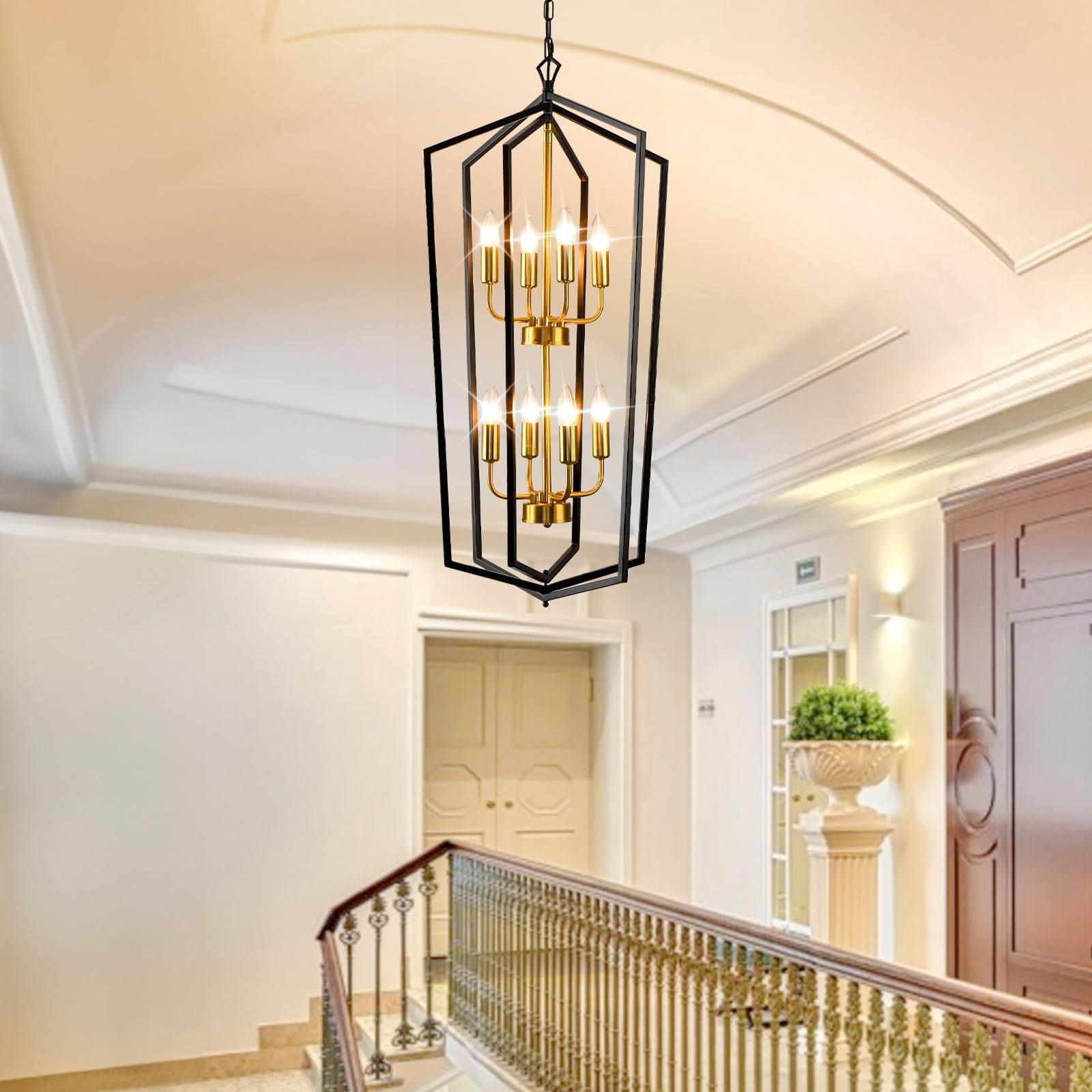 Farmhouse Chandelier Entryway High Ceiling: 8-Light Lantern Tiered Pendant Light Fixtures,Large Long Chandeliers For High Ceilin