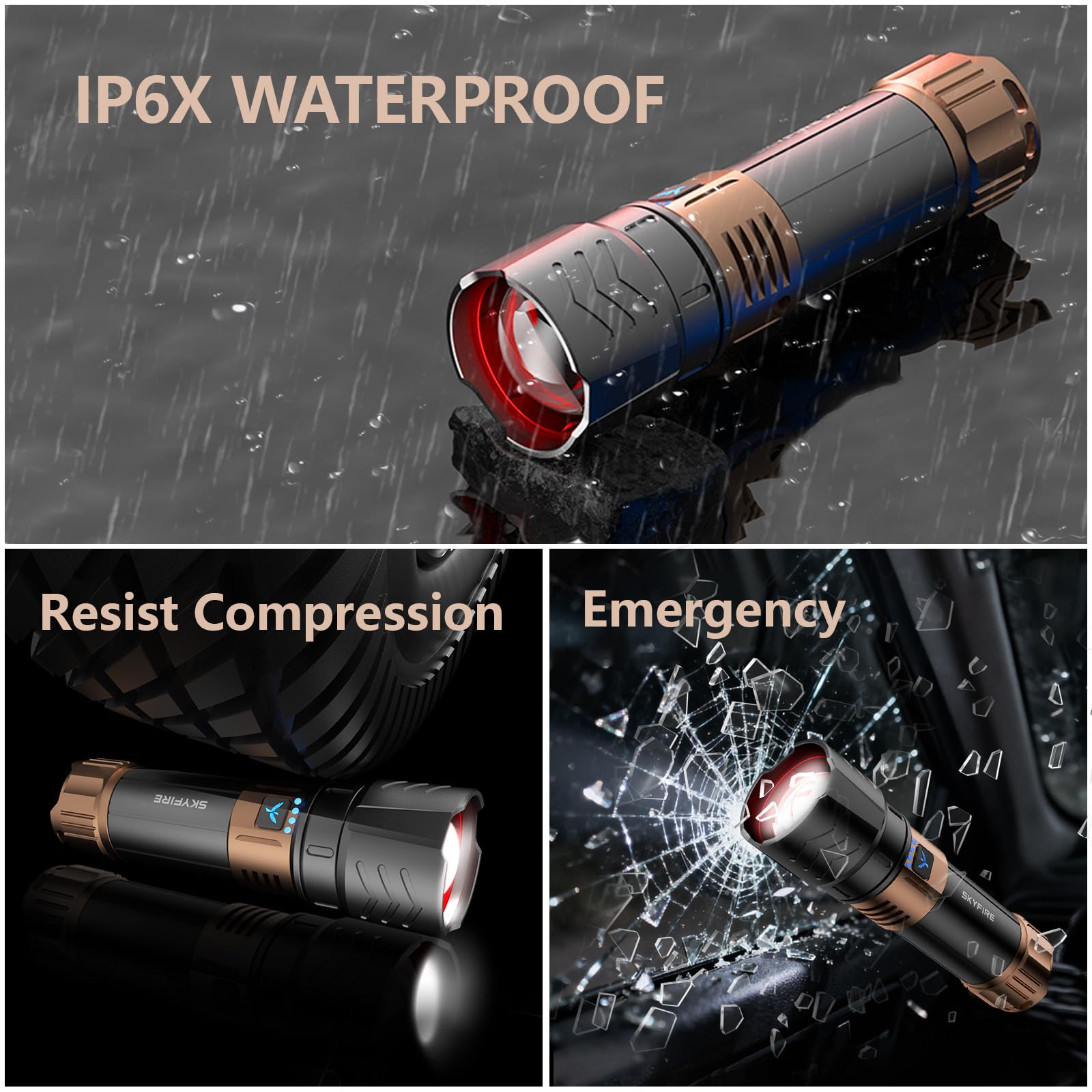 SKYFIRE Rechargeable Flashlight 3000lm Super Bright, Zoomable, Waterproof, Aluminum Alloy, Model SF-1097-Type, Color: Plus