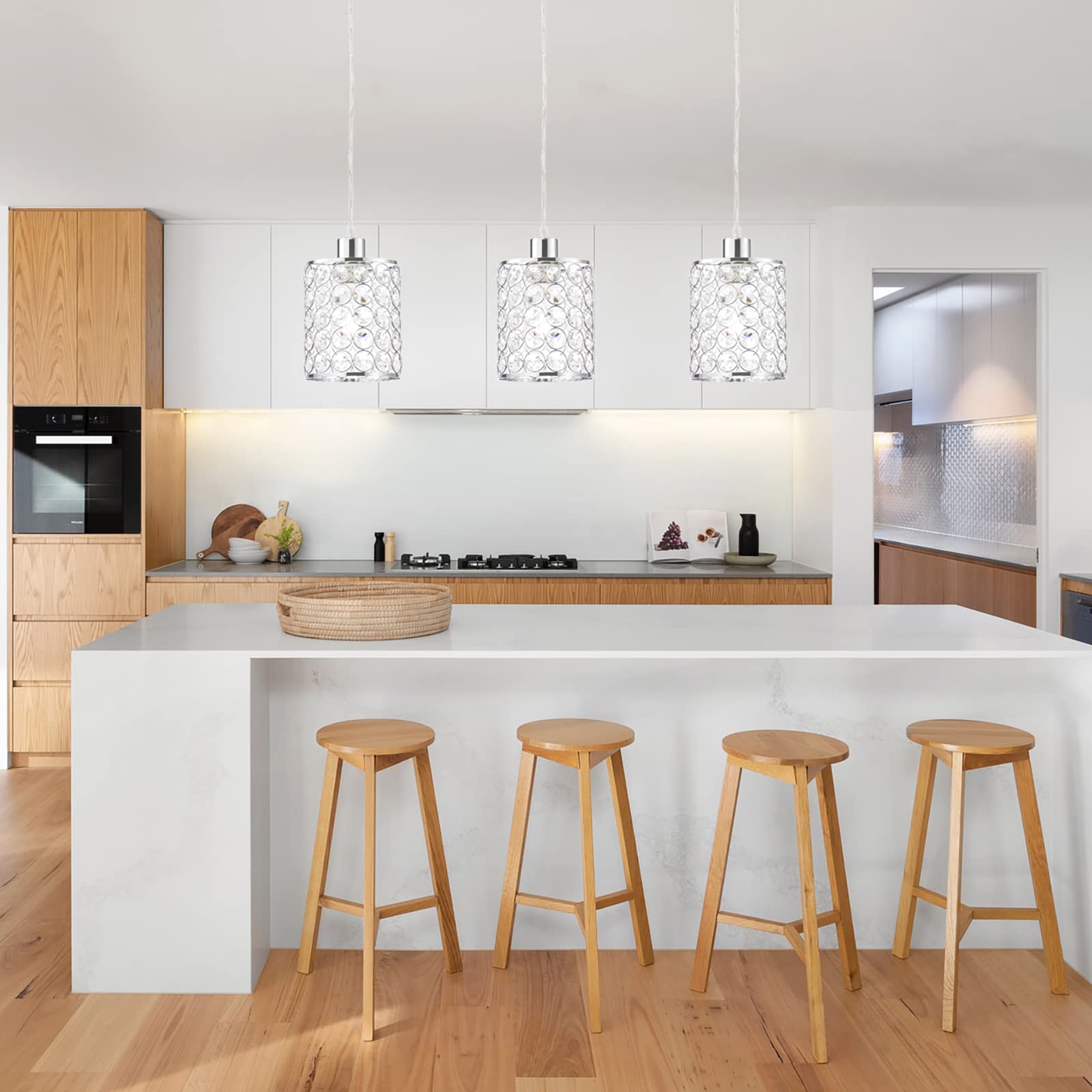 Cuaulans Crystal Pendant Light, Modern Chrome Kitchen Island Pendant Lighting, Cord Adjustable Bar Ceiling Hanging Lights for Ki