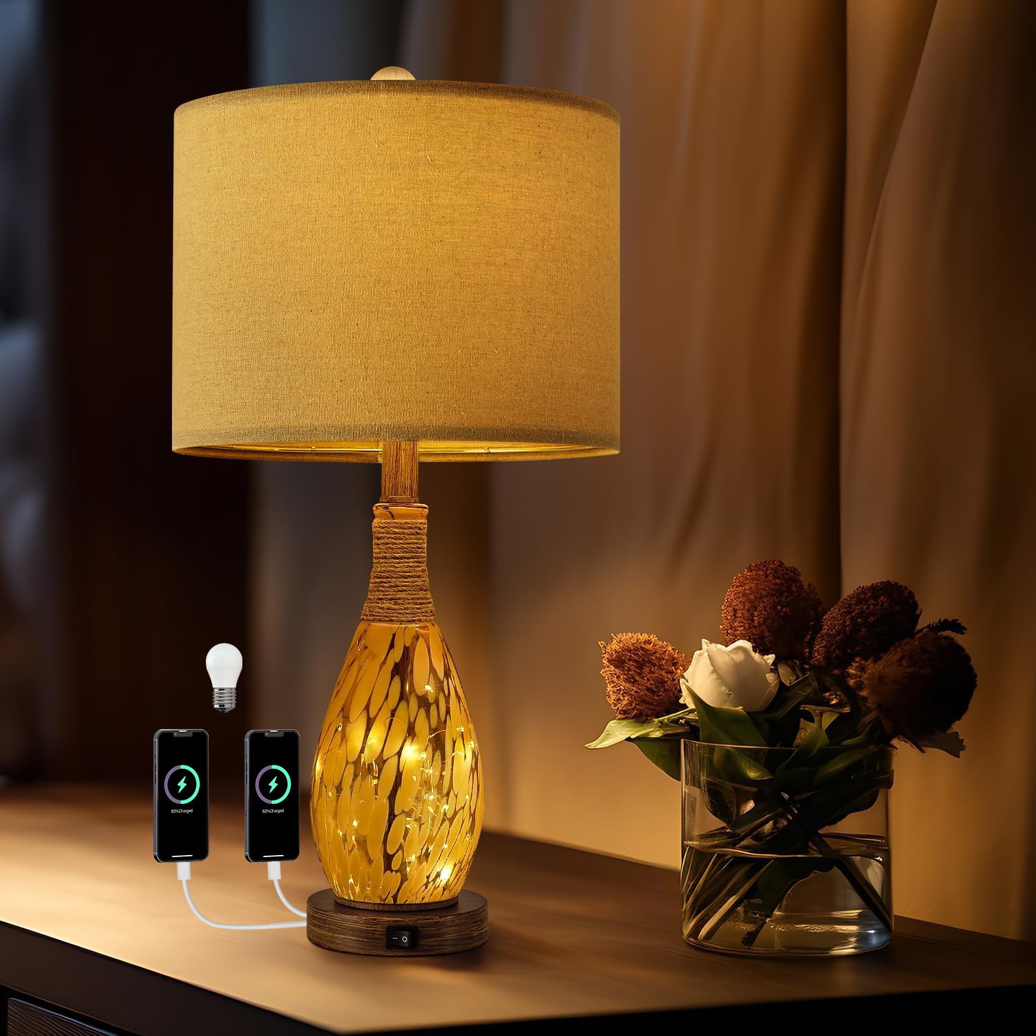 OYEARS USB A+C Table Lamp, Amber, Modern Rattan & Glass, 23in Bedside Nightstand Light, Model AMZ-T1140-U-1