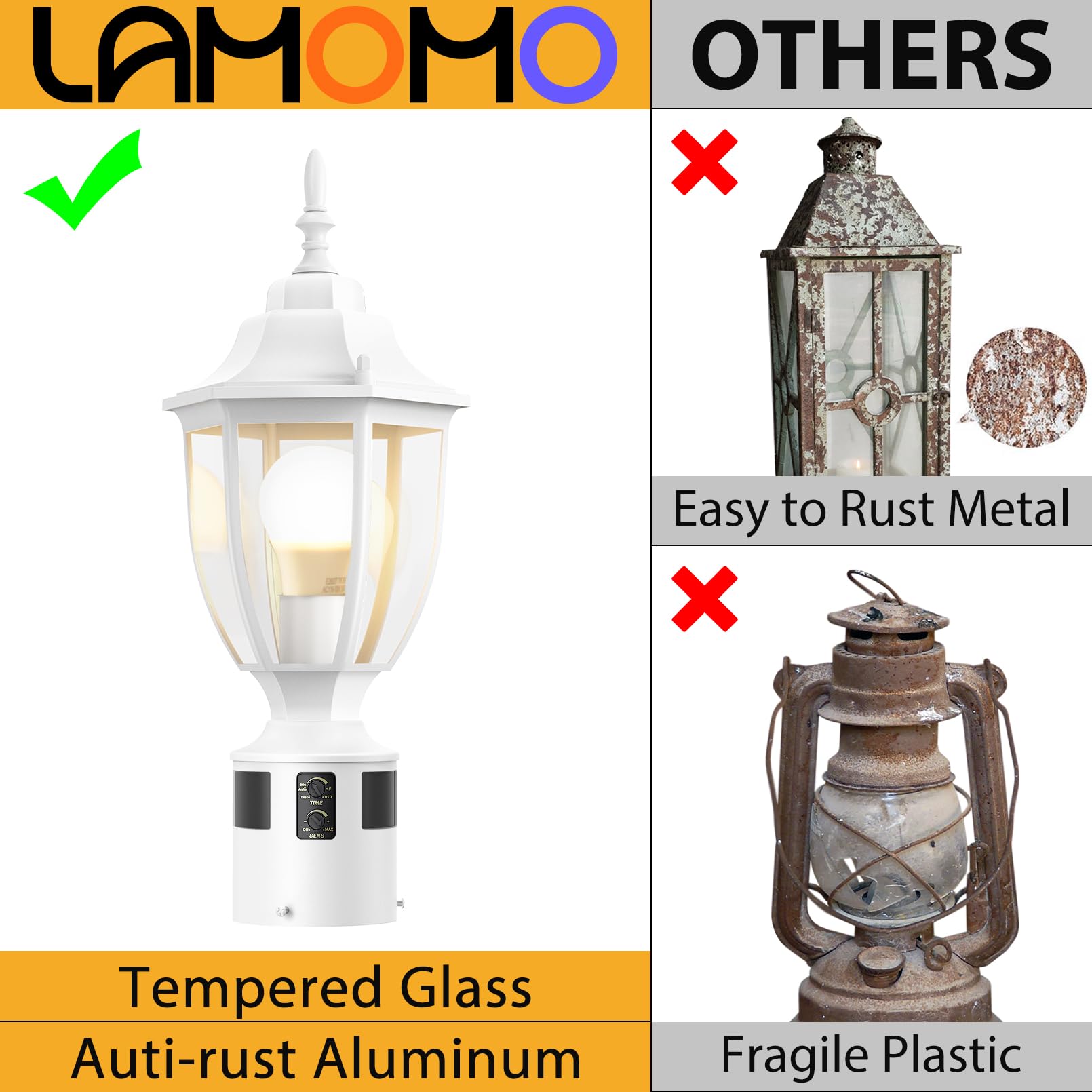 Lamomo Motion Sensor Outdoor Post Light - Waterproof Aluminum Lantern, Dusk to Dawn, White, 1 Pack for Yard, Patio, Garden