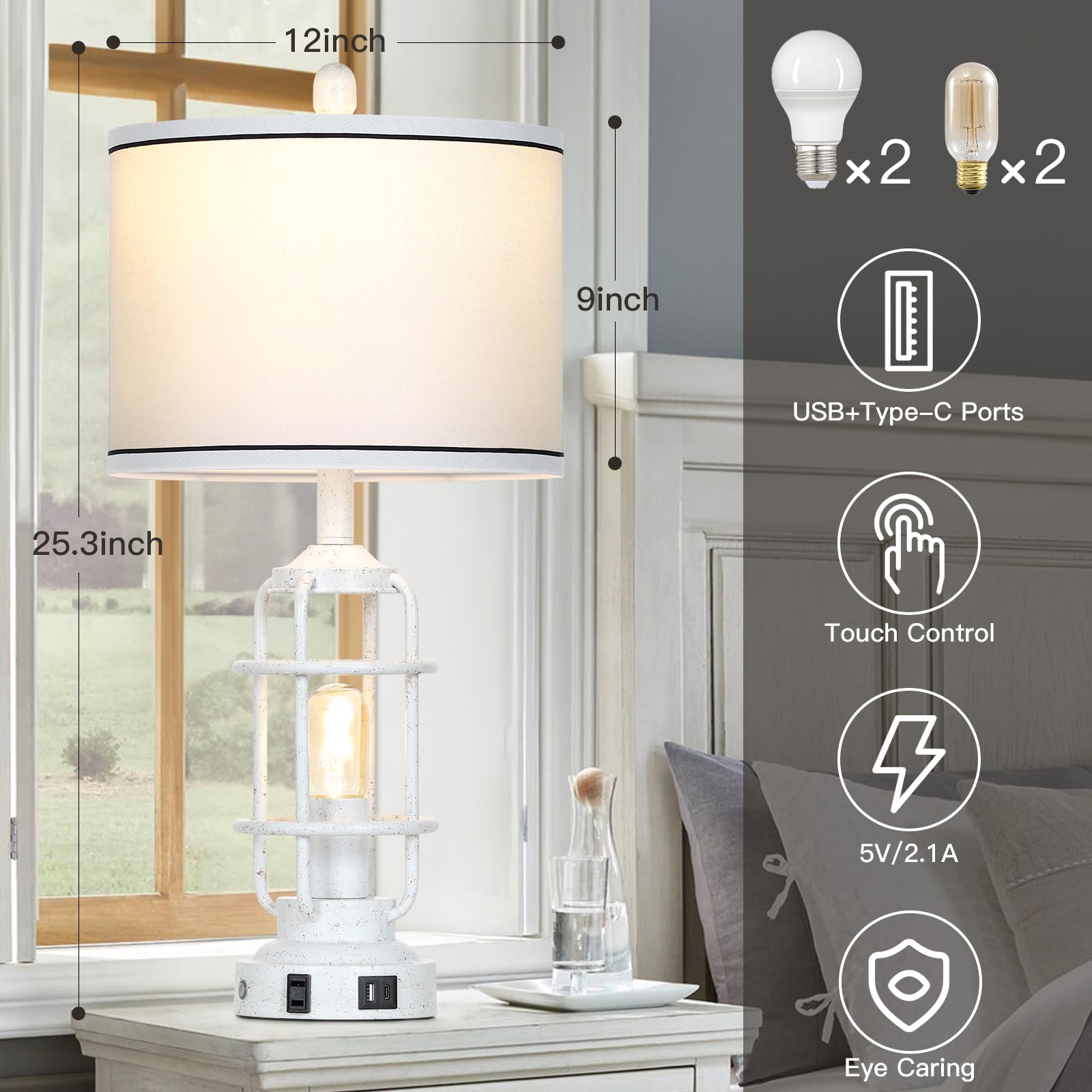 Farmhouse Industrial Lamps With Usb A+C Charging Ports & Ac Outlet, 3 Way Dimmable Touch Control Vintage Rustic Table Lamps For