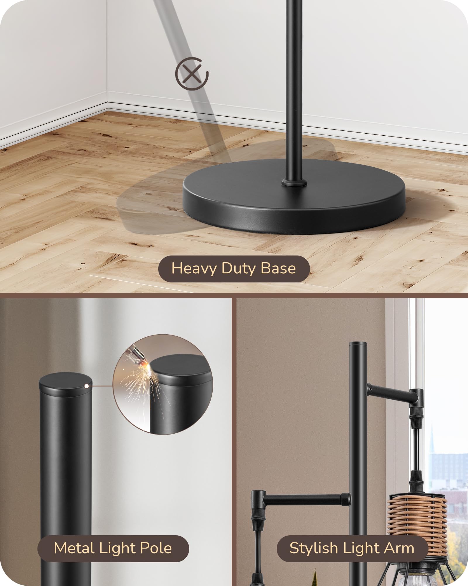 Edishine Dimmable Farmhouse Floor Lamp For Living Room, Industrial Black Standing Lamp With 3 Led Edison Bulbs, Corner Rustic Ra