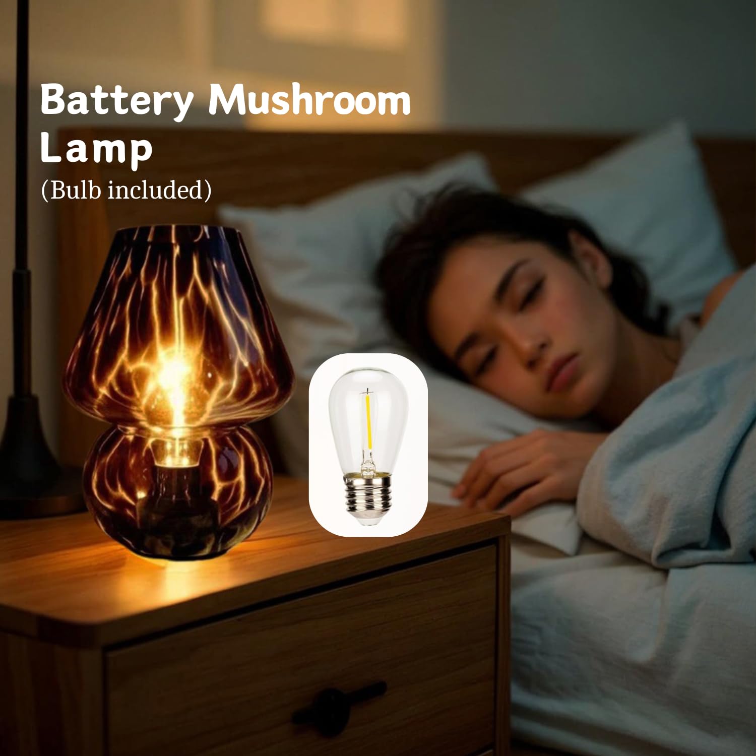 Aomoonoa Glass Mushroom Lamp, Mushroom Desk Lamp With Led Bulb, Small Brown Battery Operated Cordless Lamps For Kitchen Counter,