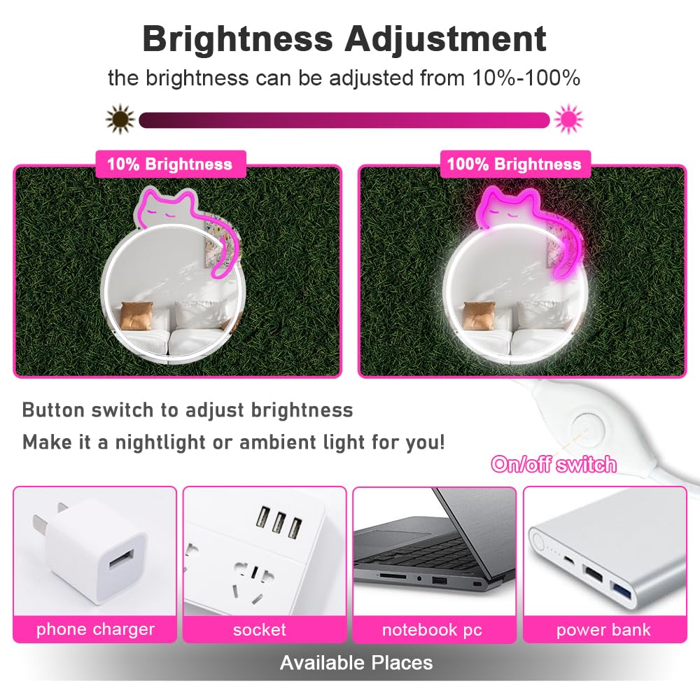 Jxin Cat Neon Signs Mirror 16.53X13.38 Usb Powered With Dimmer Led Cute Neon Light For Wall Room Decor Bedroom Living Room Party Studio Shop Birthday Gifts For Girls