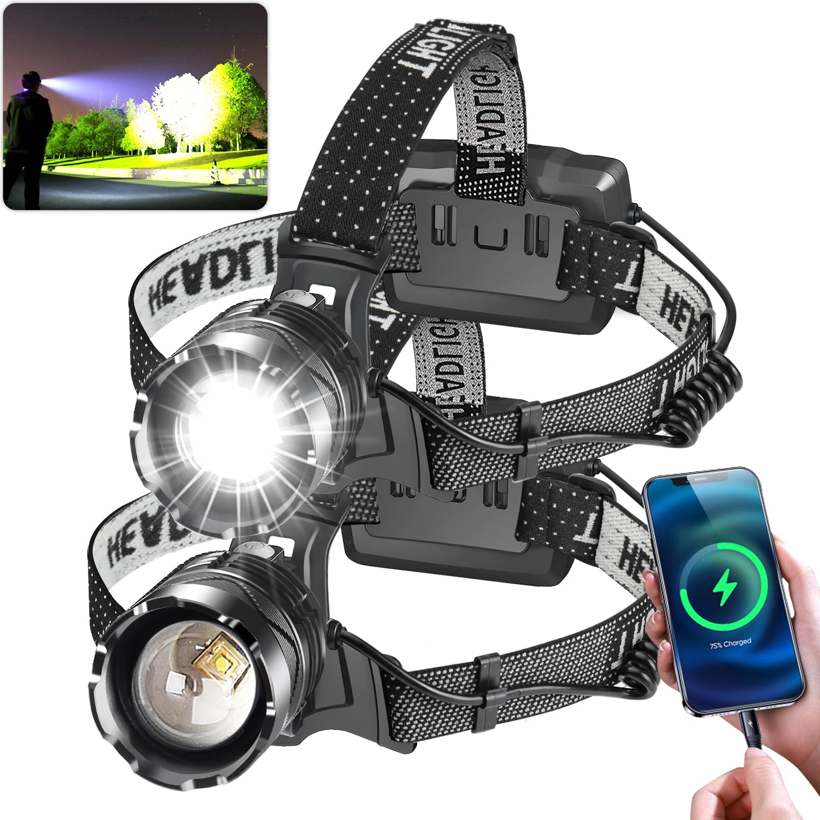 Aikertec Rechargeable Headlamp 2 Pcs, 1000 Lumens Bright Headlamp Flashlight With Motion Sensor, 8 Modes, 90Adjustable, Zoom, Wa