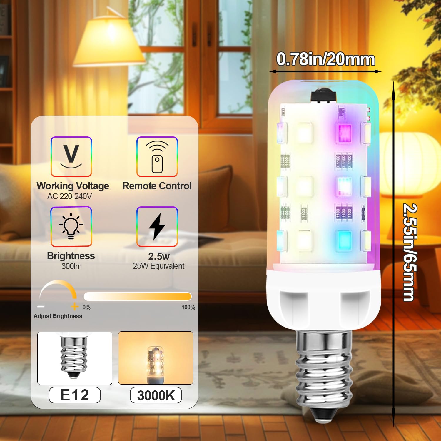 Xrise E12 Led Bulb 2.5W Dimmable Rgb+Warm White Color Changing With Remote Control Equivalent 25W Halogen E12 Base Led Light Bulbs 3000K 250Lm  No Flicker 5 Pack