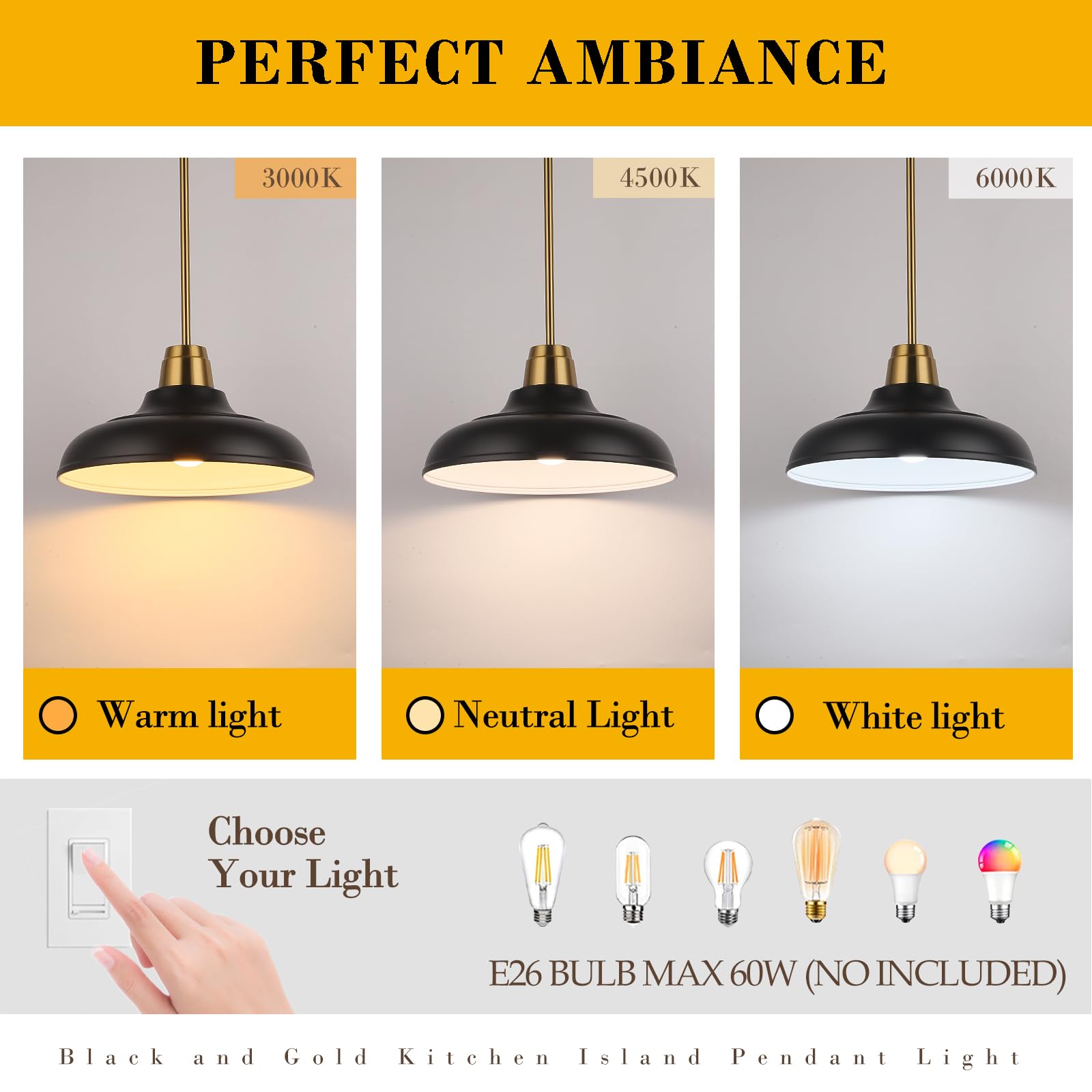 Qianzhan Black And Gold Pendant Lights Kitchen Island, 2Pack Matte Black Pendant Lighting Gold Modern Metal Hanging Ceiling Ligh