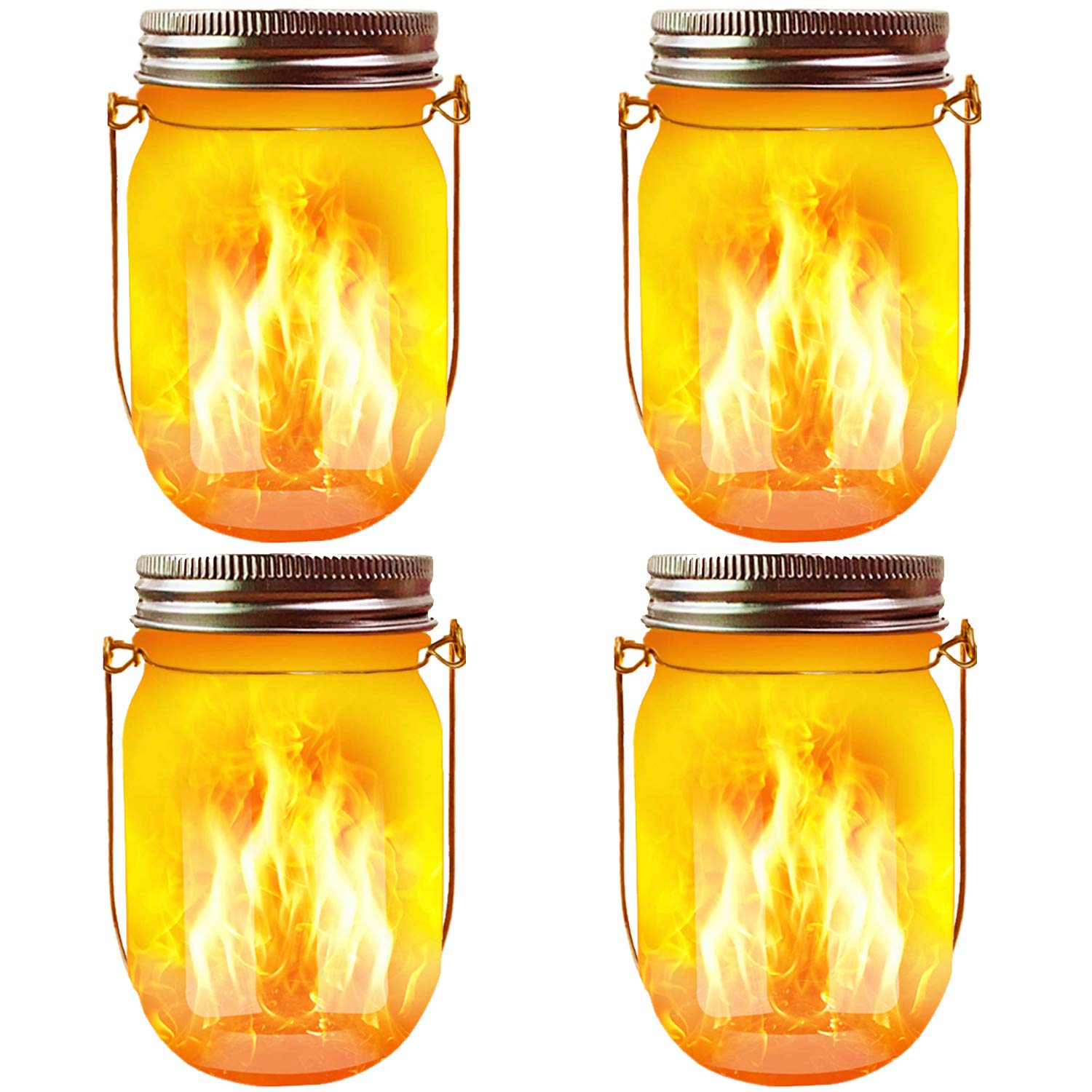 Aubasic Solar Mason Jar Flicker Lights, 4 Pack, Metal, Dusk to Dawn Auto On/Off, Outdoor Hanging Lanterns