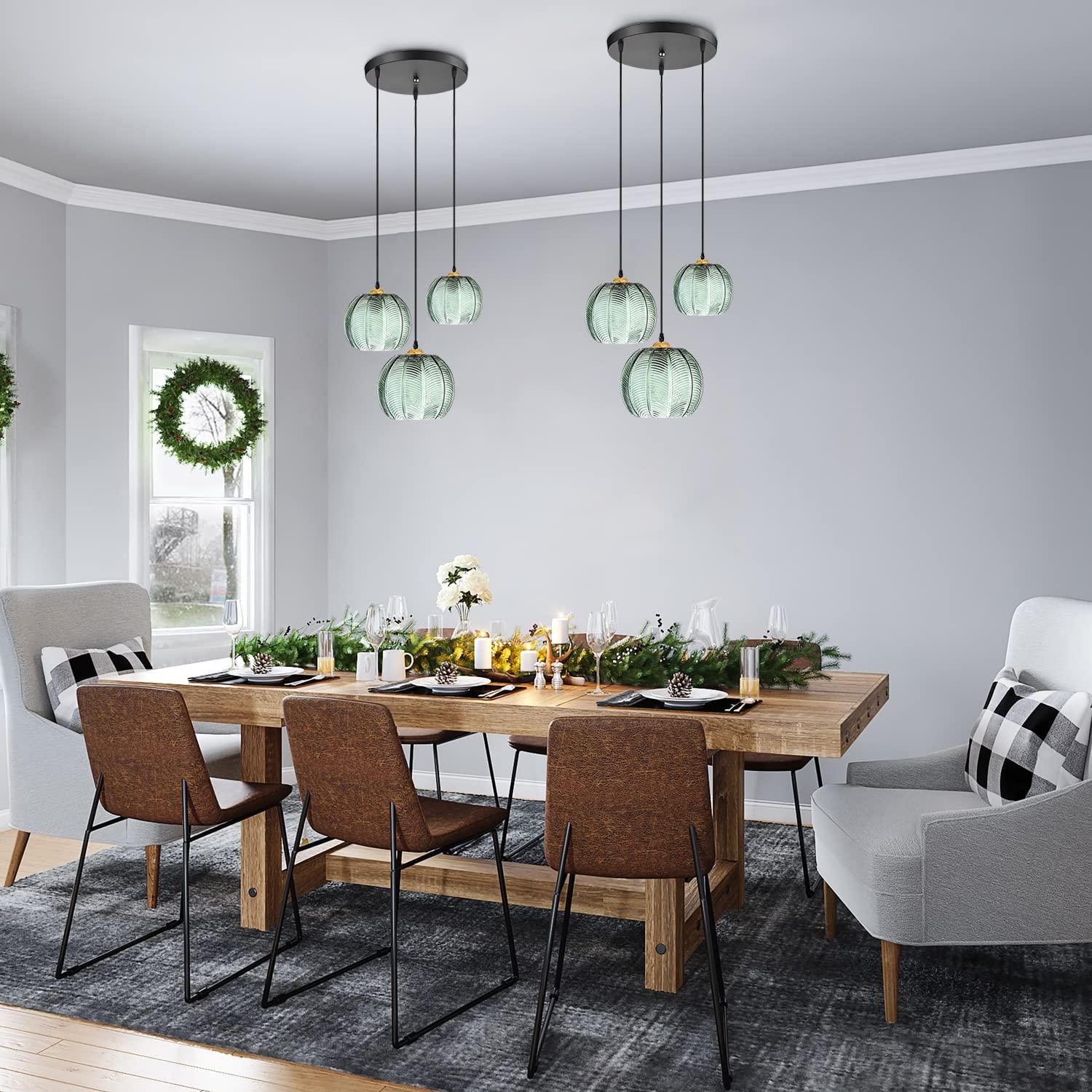 Kco 3-Light Green Striped Glass Pendant Light - Modern Mid-Century Chandelier For Kitchen Island