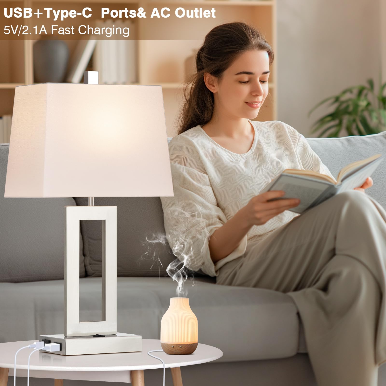 Cinkeda Table Lamp Set of 2 - Modern Silver Lamps with USB C+A Ports & AC Outlet for Bedroom Nightstands, Model TD-CK-377