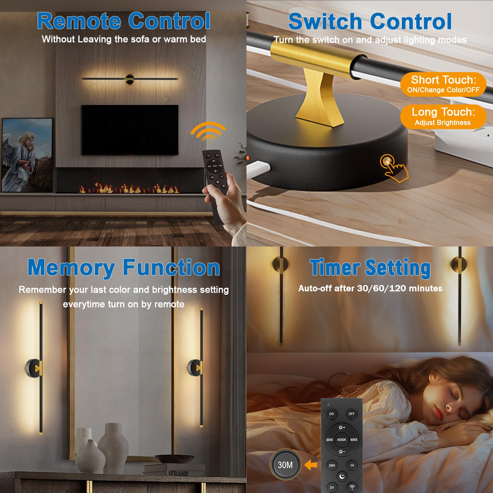 Neymlya Wall Sconces Set of 2, Battery Operated, Dimmable 3000K/4000K/6000K, Rechargeable, Metal, Black Gold,