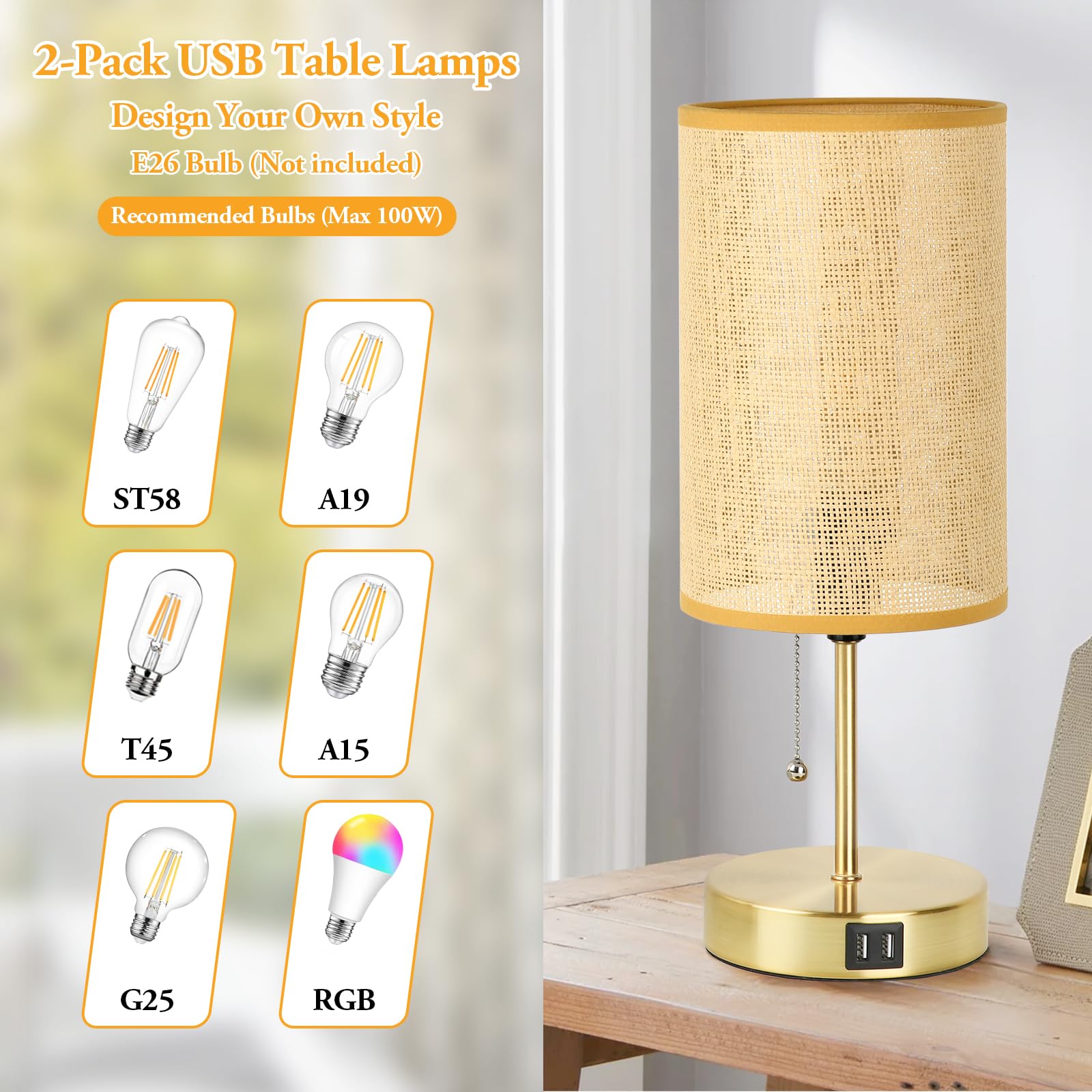 Set Of 2 Table Lamp With 2 Usb, Vintage Bedside Lamps For Bedrooms, Nightstand Lamps With Pull Chain, Bamboo Woven Desk Lamps Wi