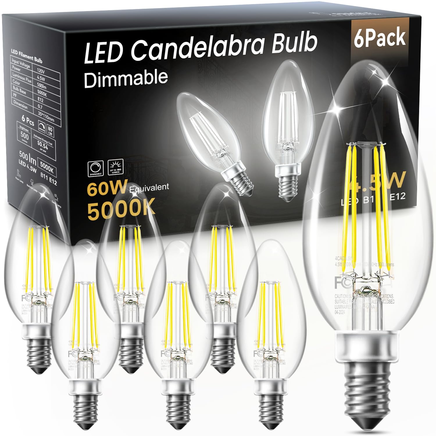 Tjoy Led Candelabra Bulbs Dimmable, 60W Equivalent Chandelier Light Bulbs, E12 Small Base, 4.5W 5000K Daylight, 500Lm, B11 Vinta