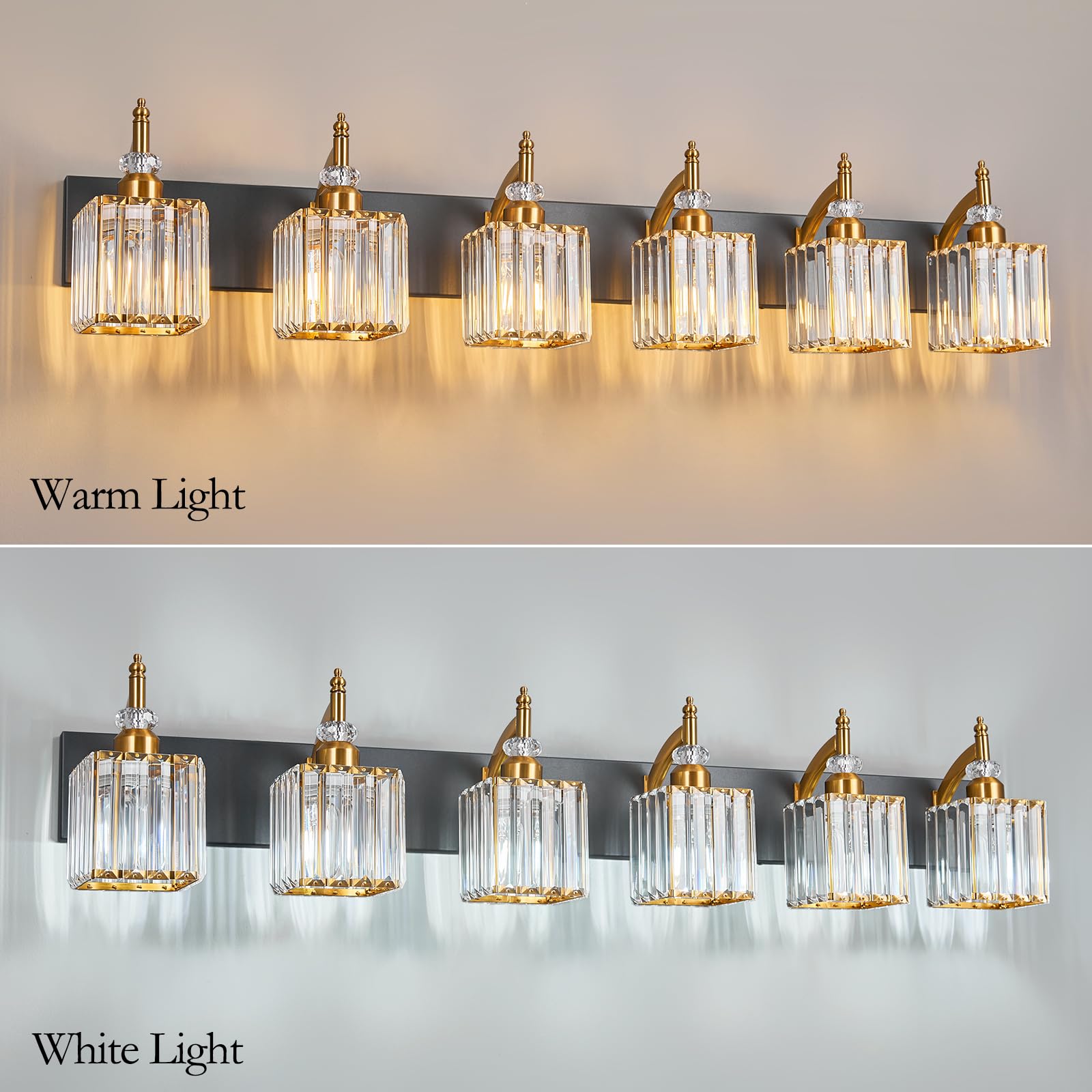 BBLLWJ 6-Light Bathroom Vanity Light Fixture, Modern Black Gold with Crystal Accents, Model 655