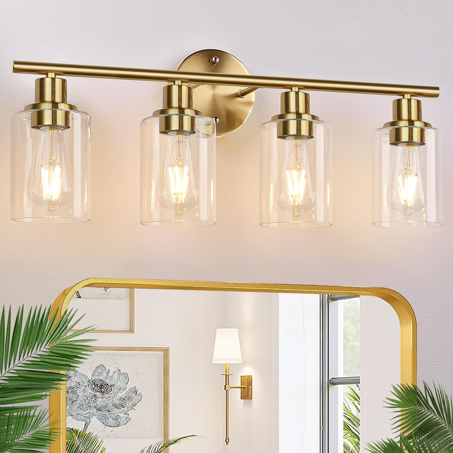 4-Light Bathroom Light Fixtures, Brushed Gold Modern Vanity Lights Over Mirror With Clear Glass Shade, Bathroom Wall Lamp For Mi