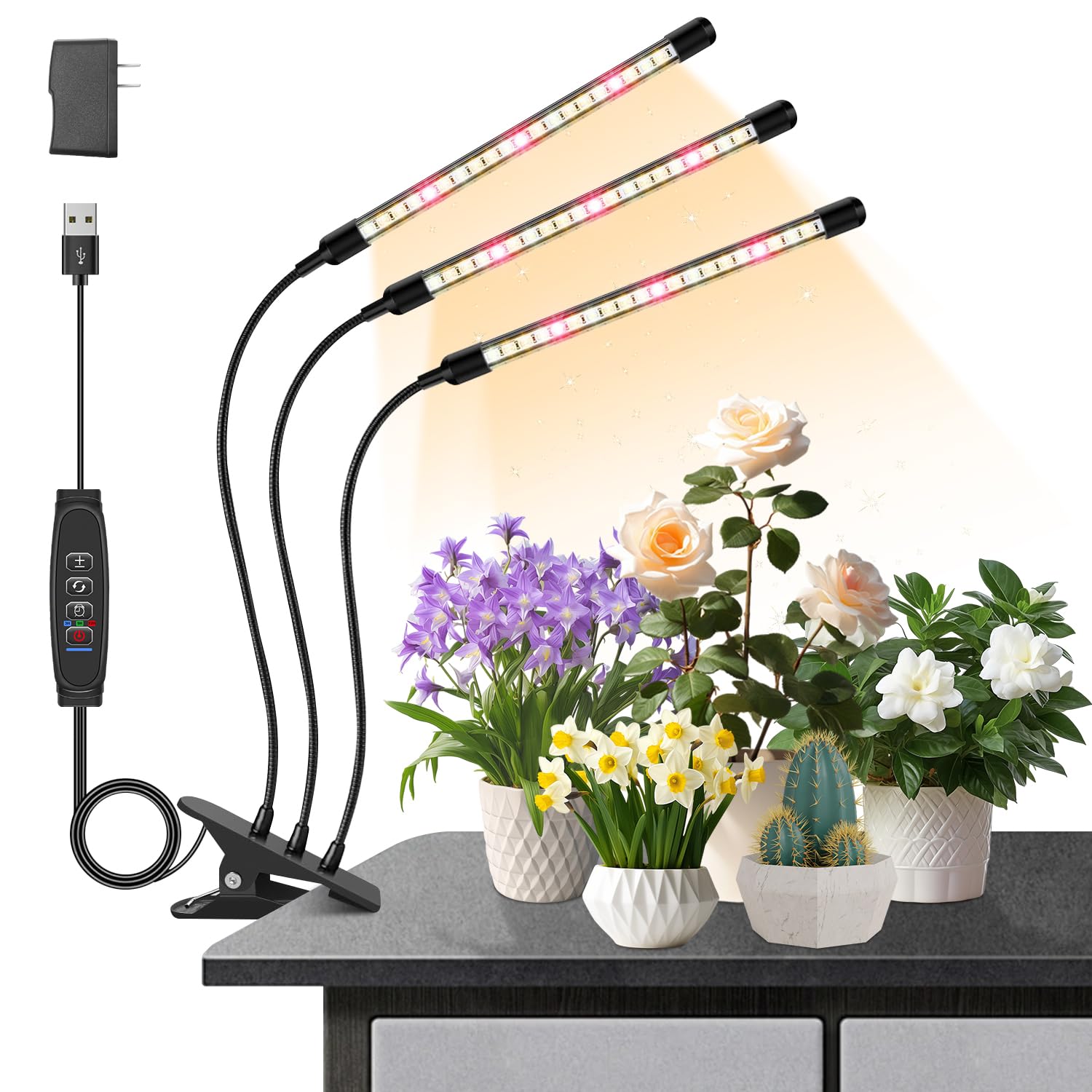 Lpmzmbl Grow Lights For Indoor Plants, Lpmzmbl Full Spectrum 3 Heads Plant Grow Light With Clip, 10 Dimmable Levels, And 3/9/12H Timer For Plant Growing (5V 3A)