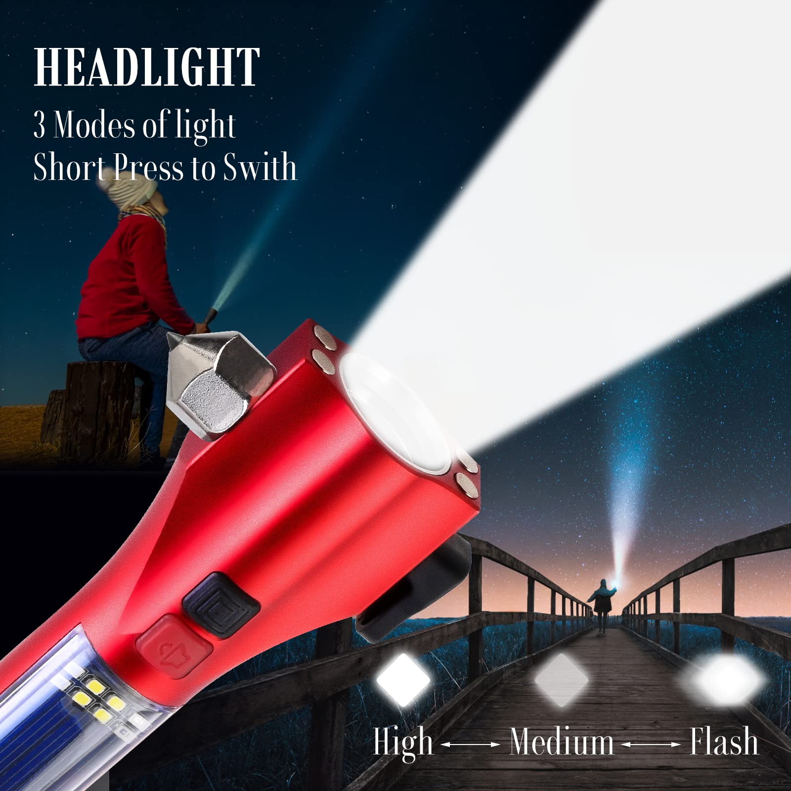 Unicumoo Solar Flashlight - Rechargeable LED Emergency Light with Window Breaker & Seatbelt Cutter, Waterproof, Red