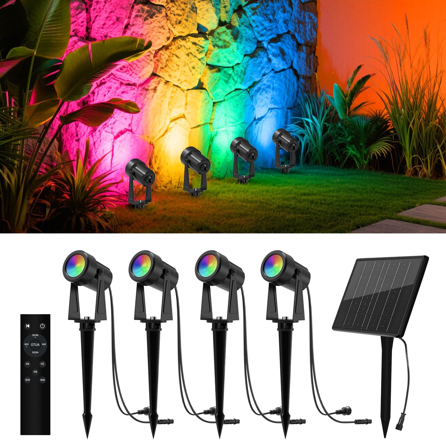 Zyan Solar Spotlights Outdoor  Solar Landscape Lights With Remote Control  Rgbw Colored Spot Lights For Yard  Garden  Lawn  Plant  Tree  Pool Areas  Auto On/Off  Dimmable & Waterproof (4 Pack)