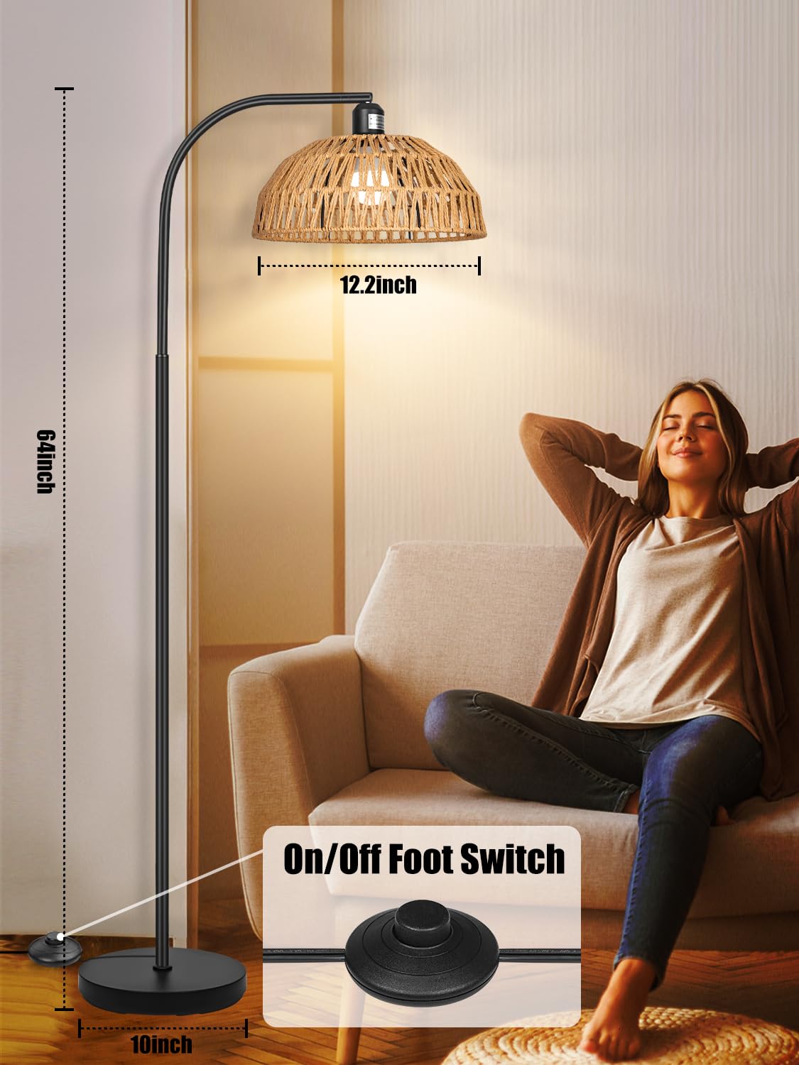 Farmhouse Rattan Floor Lamp, Black Rustic Tall Floor Lamp, Boho Floor Lamps With Hanging Adjustable Hand-Worked Rattan Shade, Foot Switch, Black Pole Lamps For Living Room (Bulb Not Included)