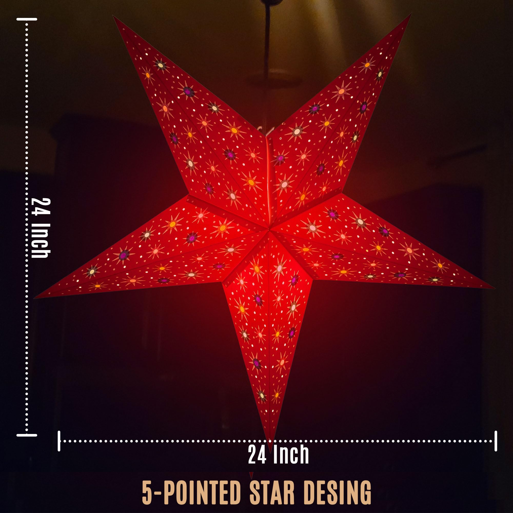 Galaxyarts Paper Star Lantern Fairy Red 24 Inch 3D Starlite Handcrafted Hollow Hanging Lamp Decoration For Weddings, Parties, Ch