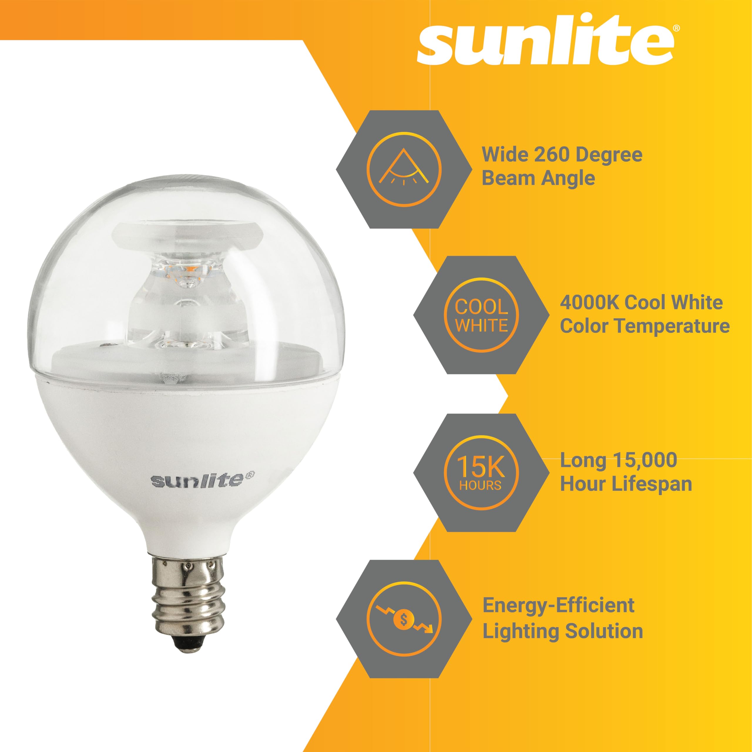 Sunlite G16.5 Light Bulb Led, 5W (40W Equiv.), 350 Lumens, Dimmable, Type G Globe Shape E12 Candelabra Base, Short Bulbs, Vanity