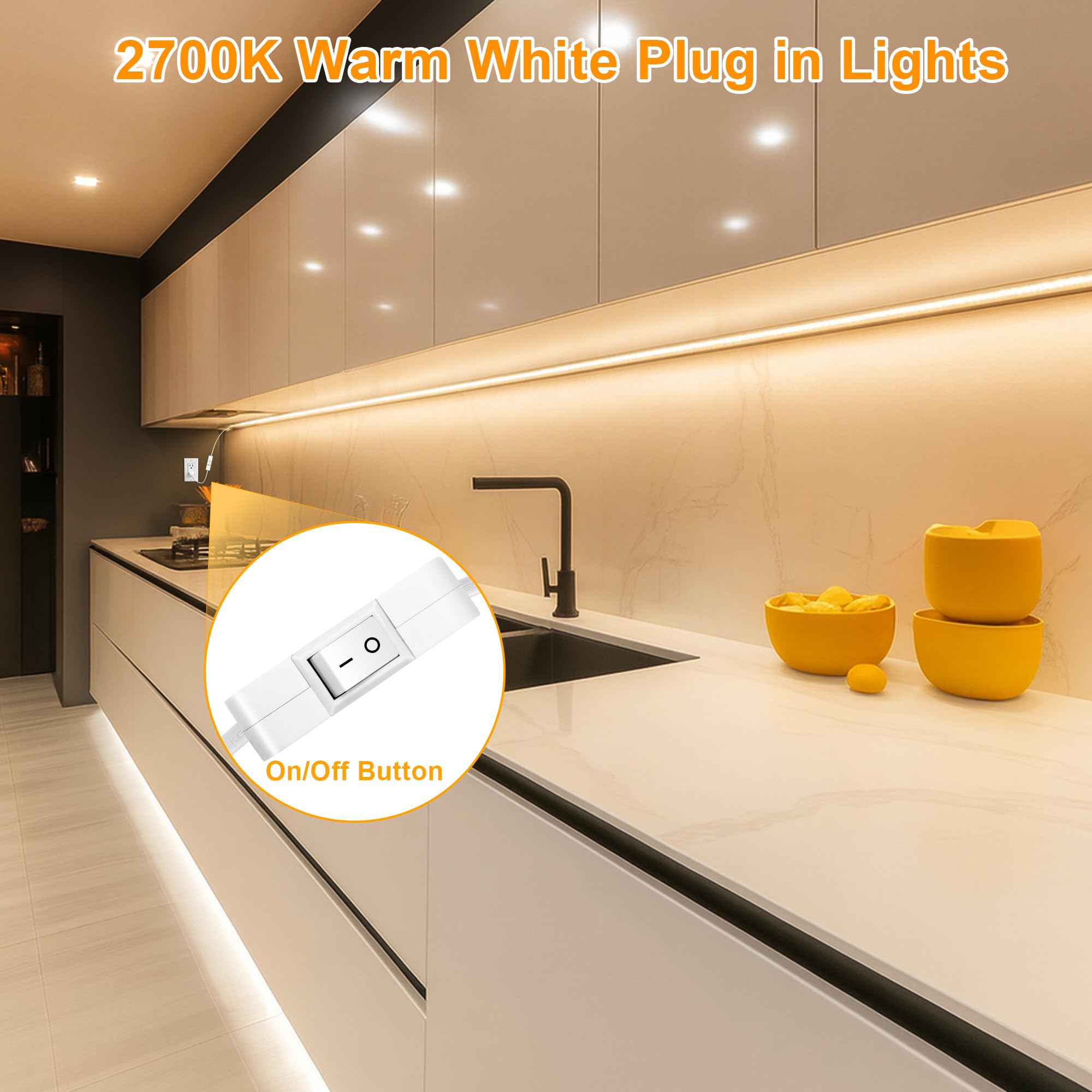maylit LED Strip Lighting Plug in, 72in, Warm White, Ultra Bright, Model 2700K, Ideal for Kitchen Cabinet, Desk, Closet, Indoor Use