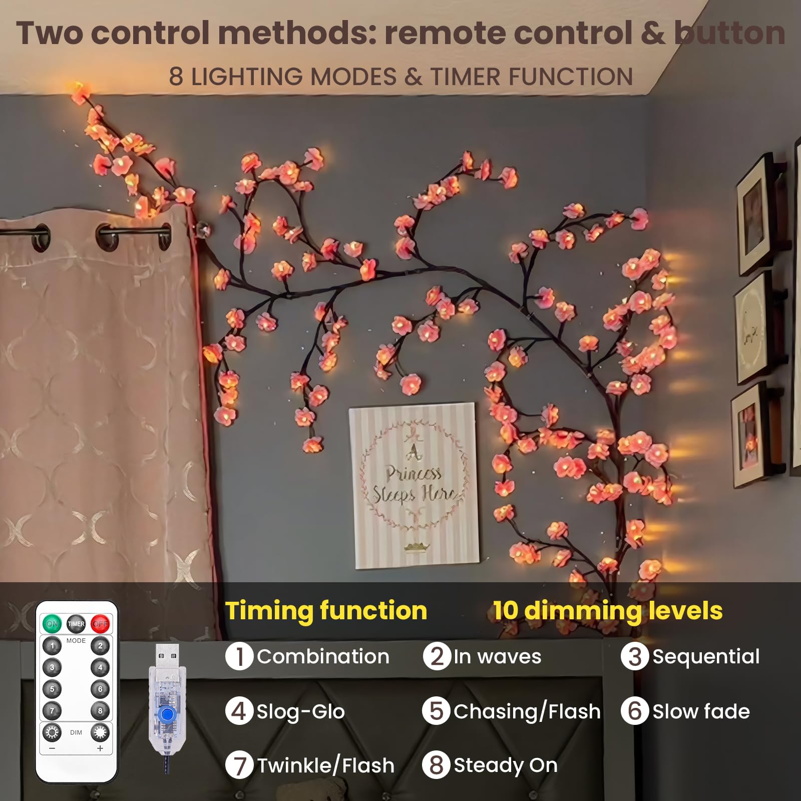 Cherry LED Tree Branch Lights for Wall, Cherry Blossom Willow Vine Twig Decor Garland with 72 LED Lights and Remote,8 Lighting M