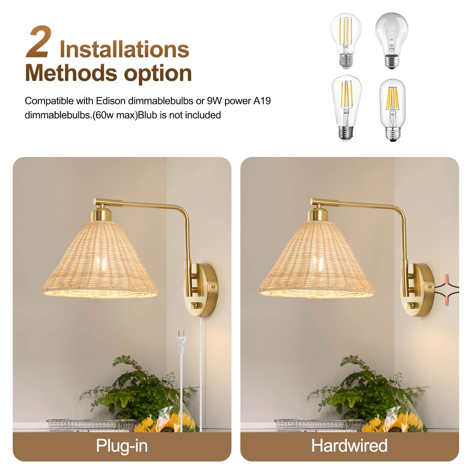 Weaboopre Rattan Wall Sconce Set of 2, Gold Plug-in Lamps with Dimmer, Hand Woven Boho Design for Bedroom & Living Room - Model WPWS002