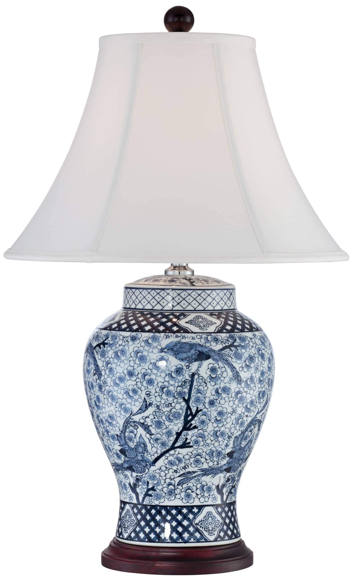 Barnes and Ivy 27" Tall Asian Ginger Jar Table Lamp - Blue White Porcelain with Bird and Branch Bell Shade for Living Room Bedroom Nightstand