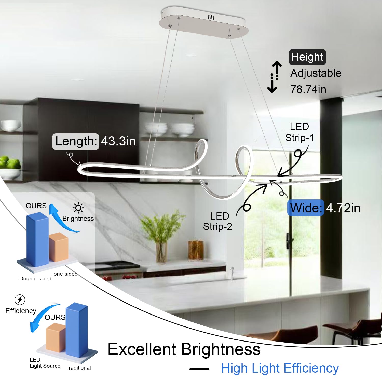 EMBRING Modern Dimmable LED Chandelier, Electroplated Chrome, Aluminum, 39.4in - Model SW005-SPGD-wt-110 for Dining Room and Kitchen Island.