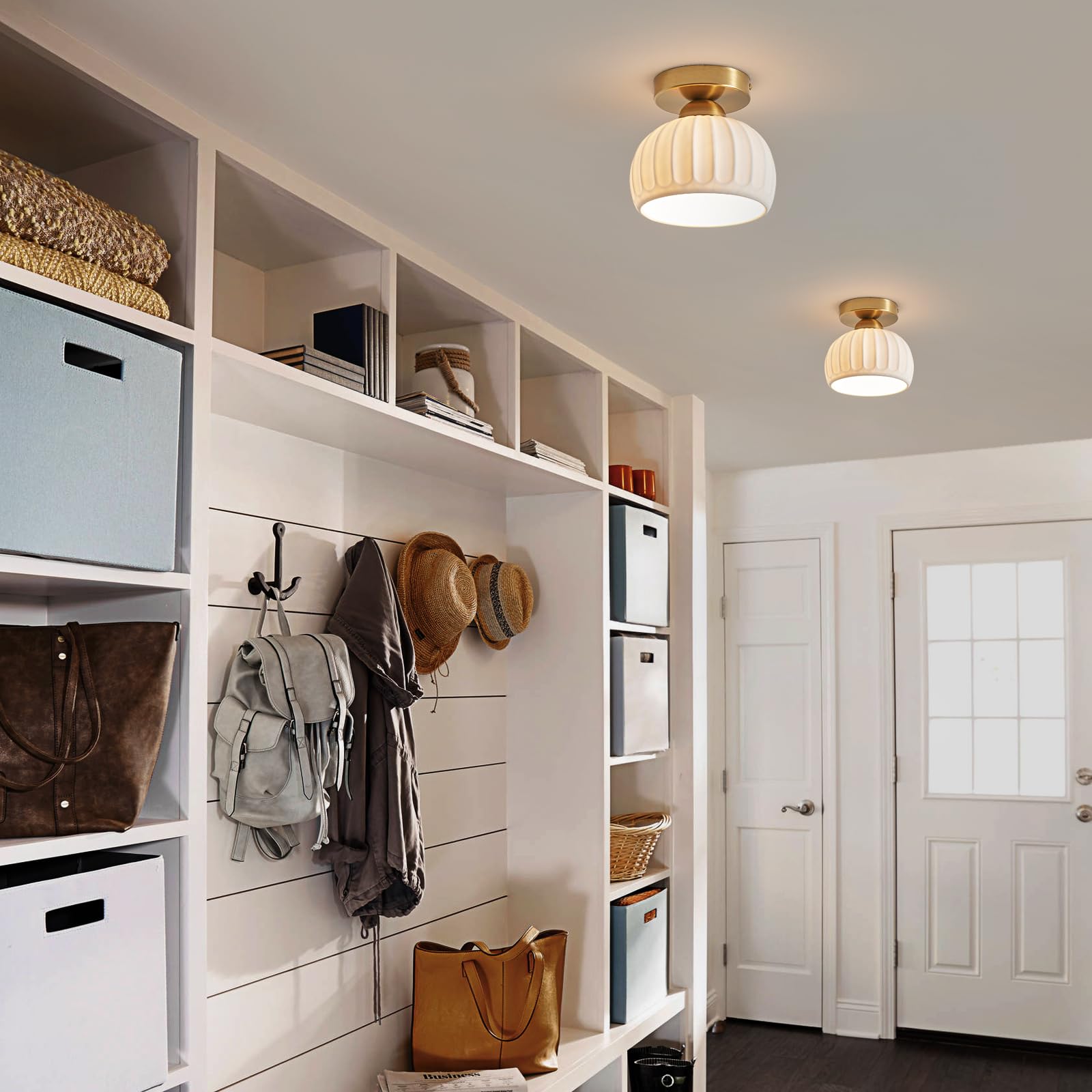 Ceramic Semi Flush Mount Ceiling Light Fixture, Wood Brass Base Hallway Ceiling Light Farmhouse Light, Close To Ceiling Light Fo