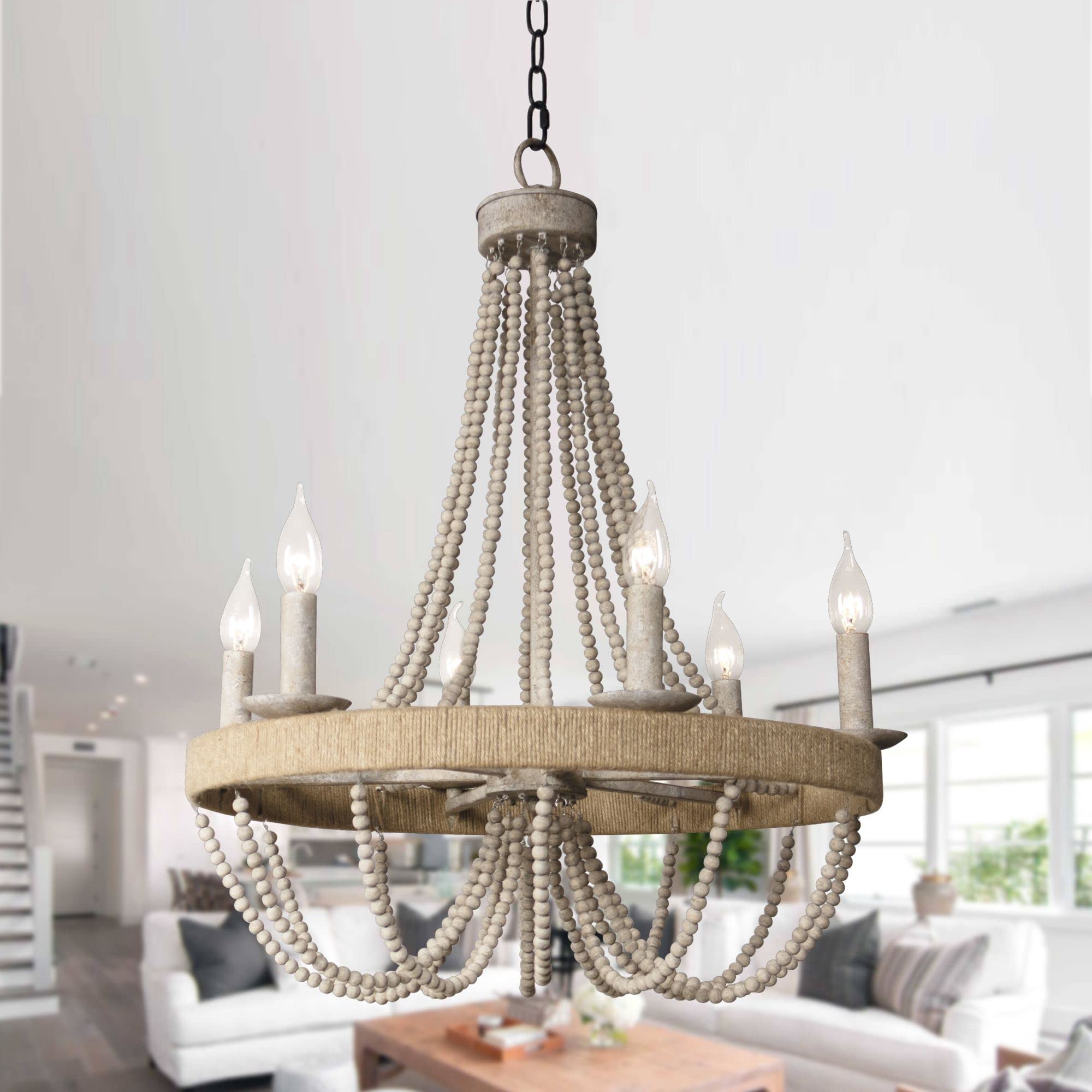 Rustic Chandelier With Wood Beads & Rope, 6-Light Farmhouse Boho Ceiling Light, Adjustable Chain (39.4''), Iron/Wood/Jute Rope, 