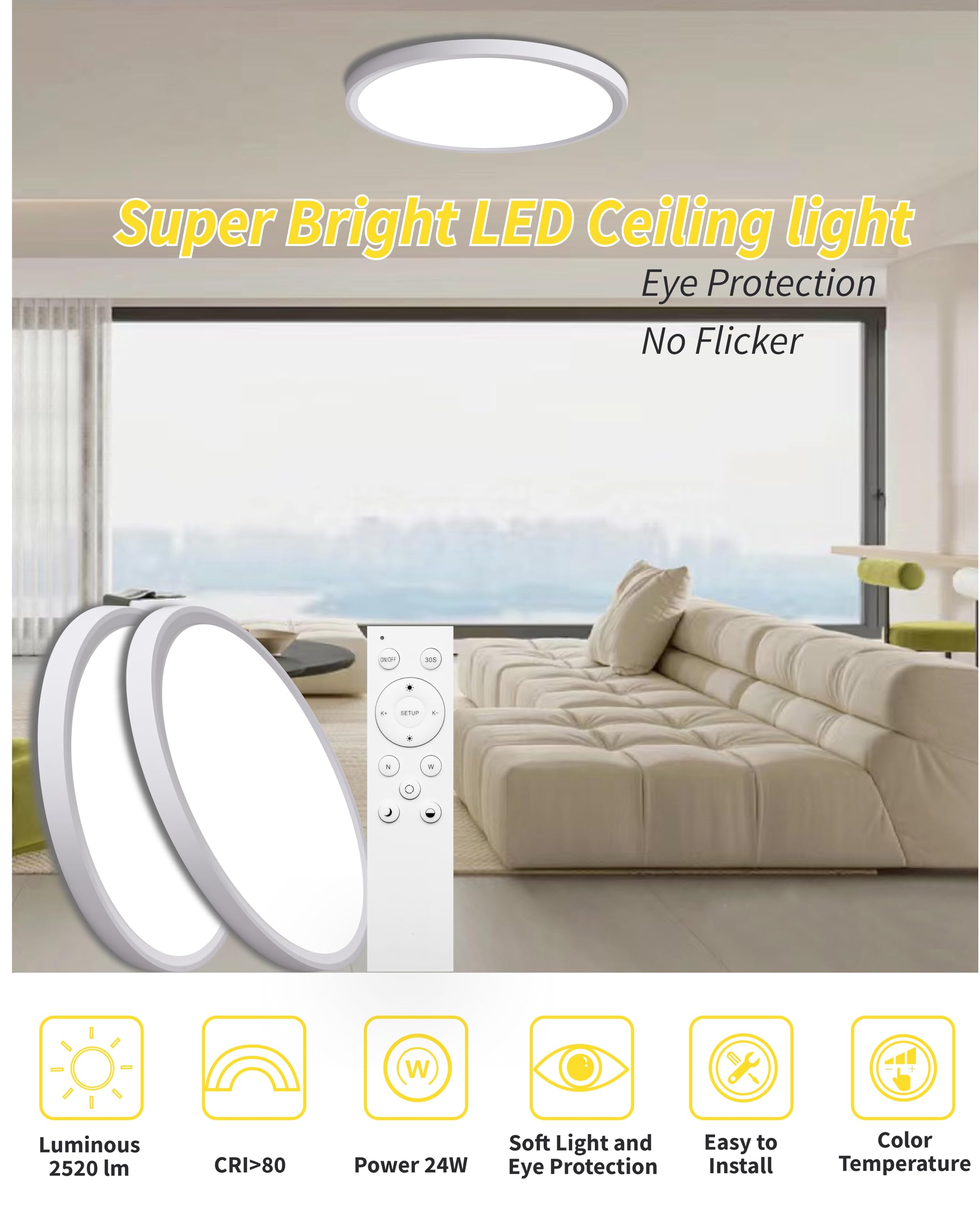 Bright Future Lighting 4Pack LED Flush Mount Ceiling Light 12 Inch 24W Dimmable Remote Control White Model BFL12RD-D300H23-24W