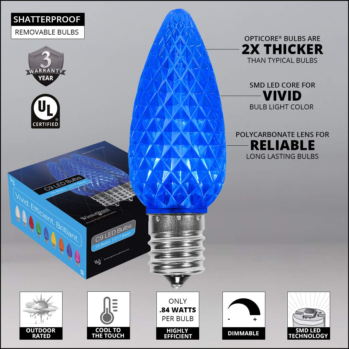 Wintergreen Lighting C9 LED Christmas Lights - 100 Lights, 100 ft, Blue, Heavy Duty, Polycarbonate, Model 840052167906