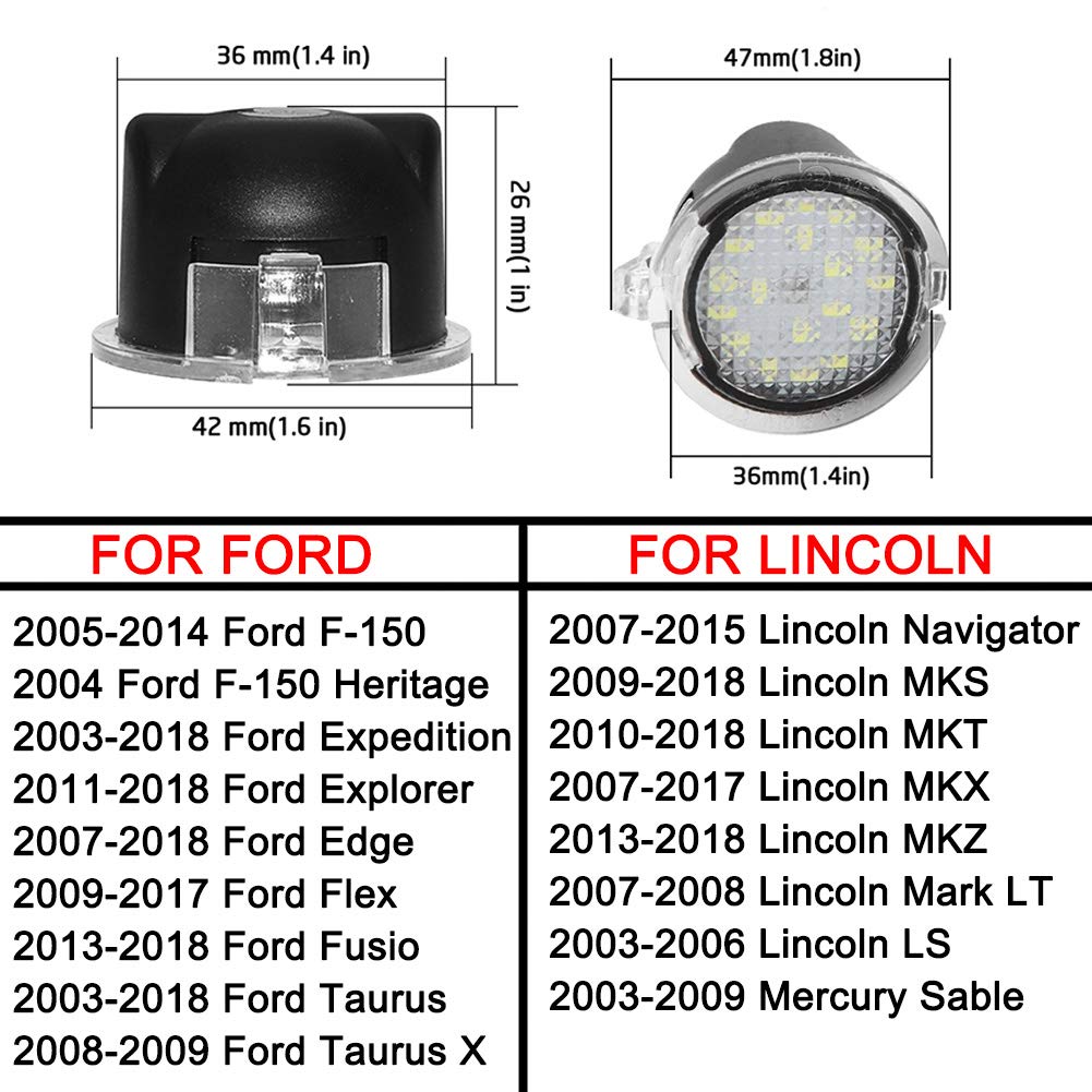KURL-T Full LED Side Under Mirror Puddle Light for Ford F-150, Expedition, Explorer, Edge - Waterproof White Replacement, 2 pcs