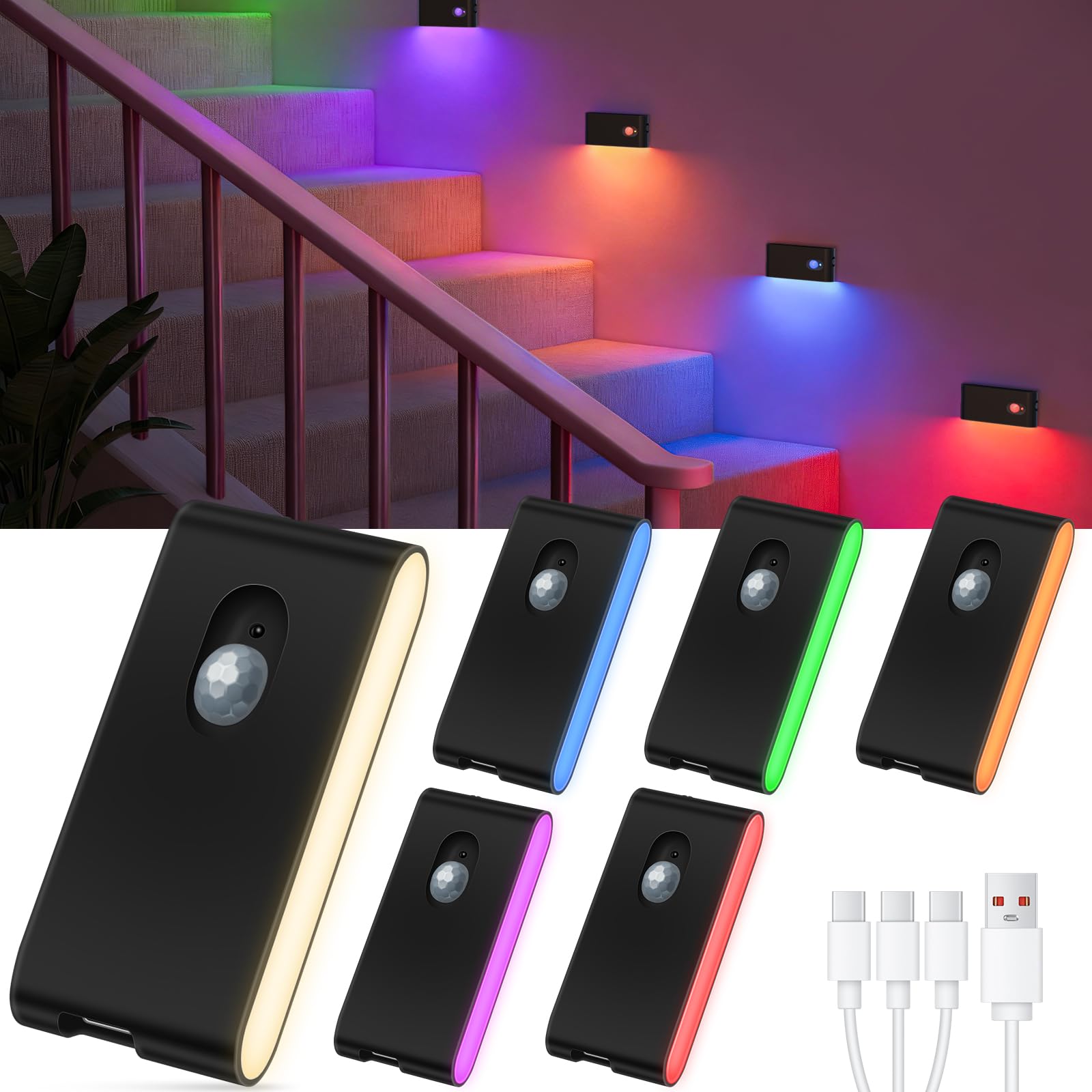 WILLED Rechargeable Night Light, RGB & Warm White Stair Lights Indoor, Color Changing Motion Sensor Light Indoor, Motion Sensor 
