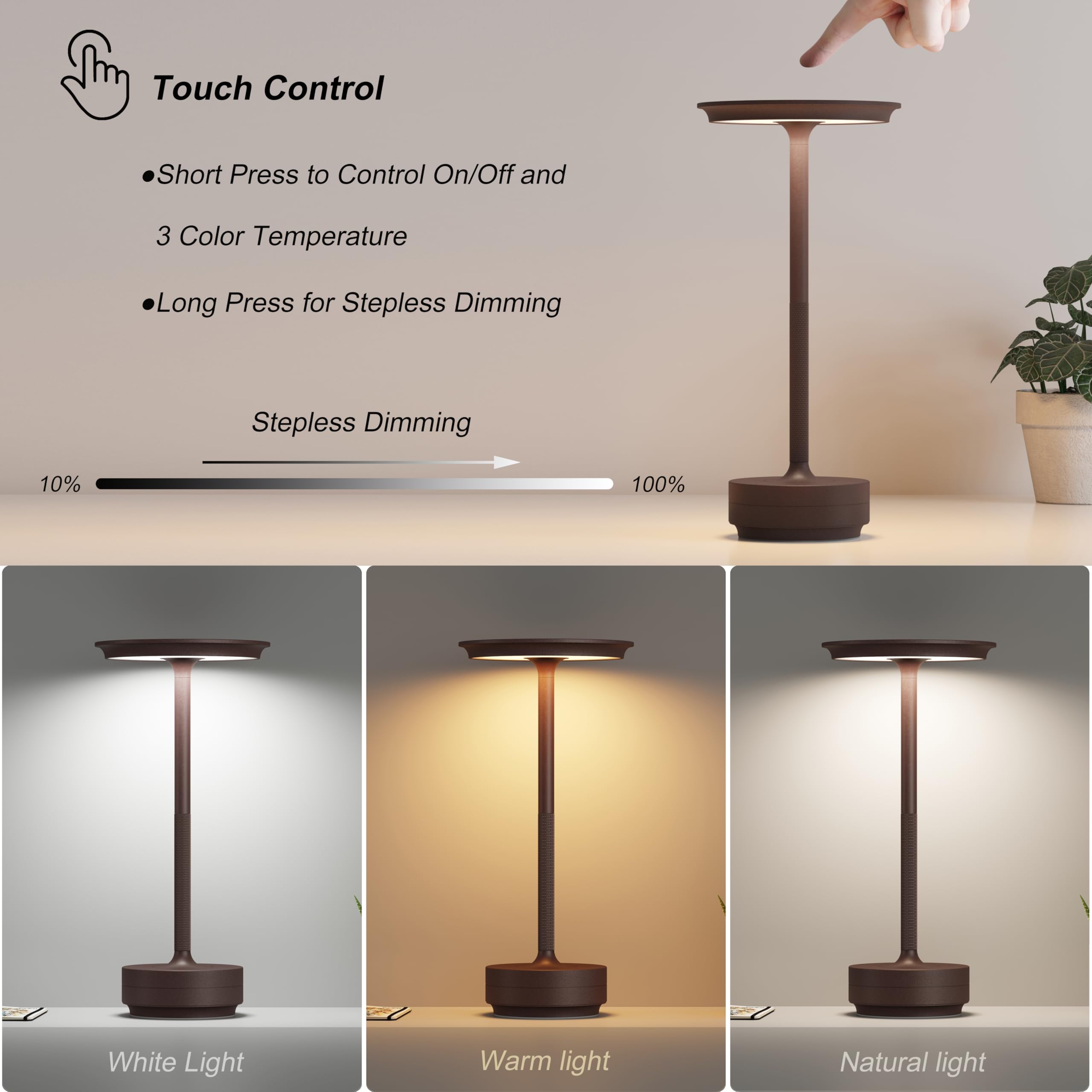 TBBGA Rechargeable LED Table Lamp, 5000mAh, 3 Color Dimming, Aluminum, Rust, Model T106C, Portable for Home and Outdoor Use
