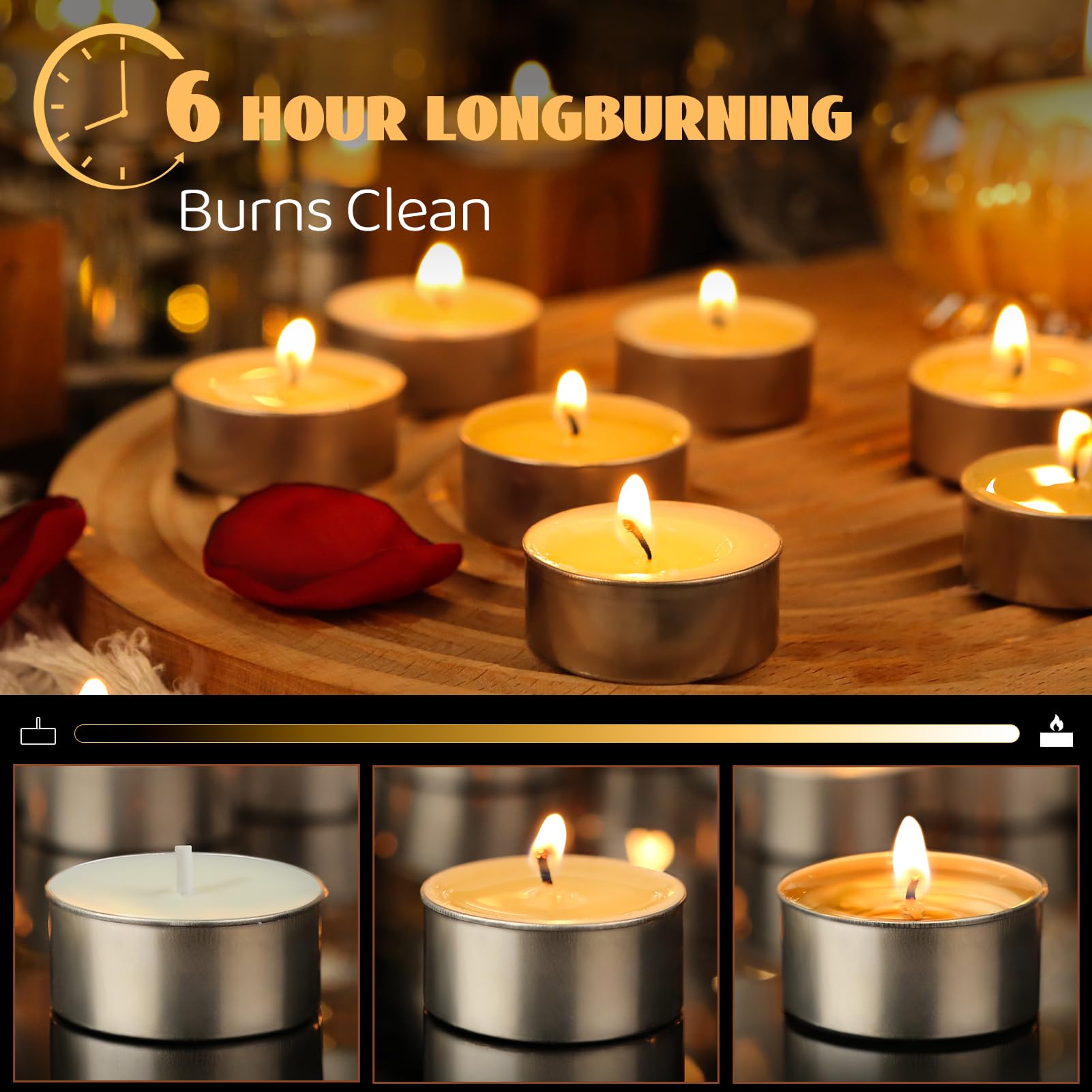 MAKALONE Soy Wax Tea Lights Candles, 100 Pack, 6 Hour Burn, Unscented White Tealights for Home, Weddings, Clean Burn