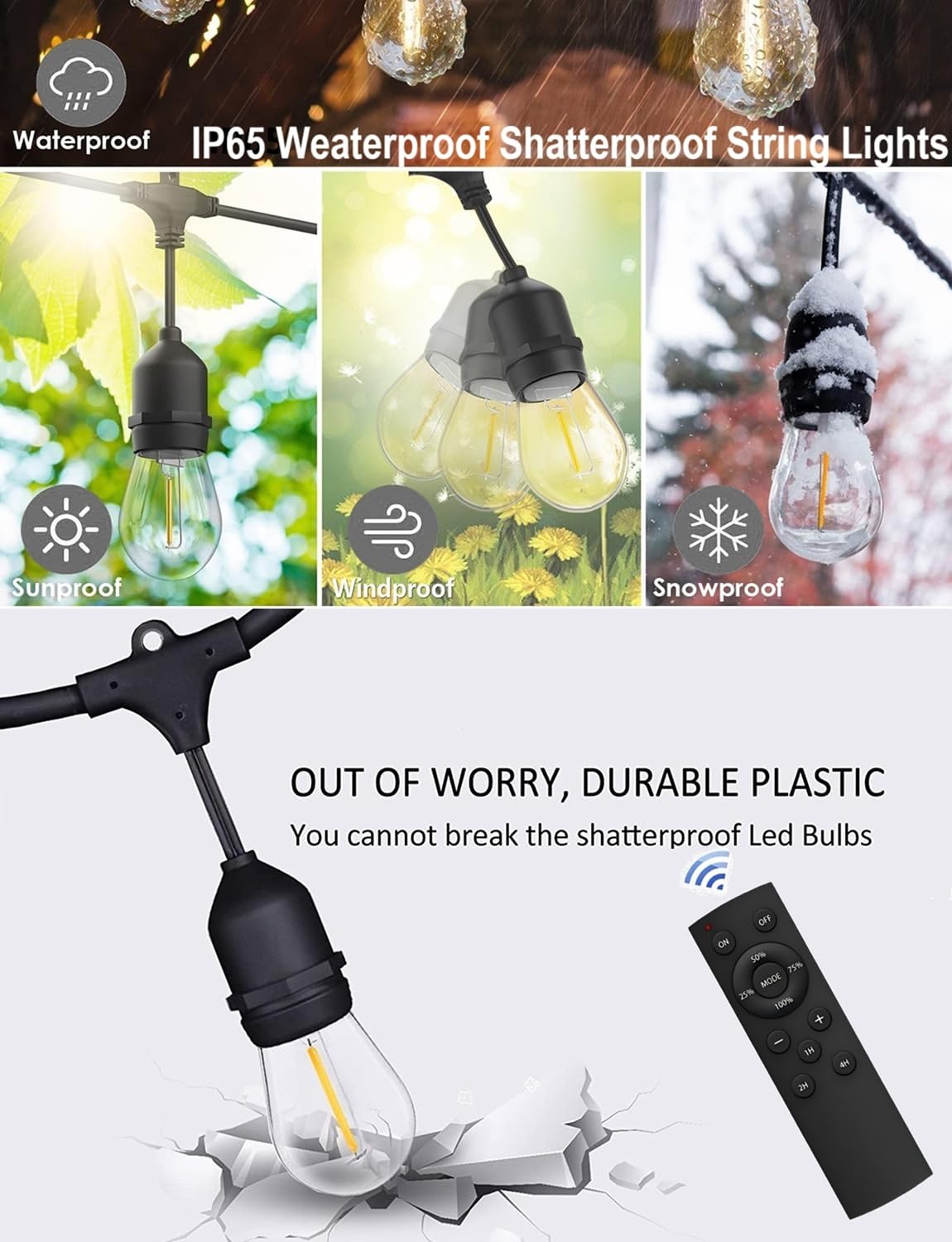 100FT Outdoor String Lights with Remote Control Patio Lights Waterproof Commercial Grade, 30+2 Replaceable Dimmable Edison Bulbs