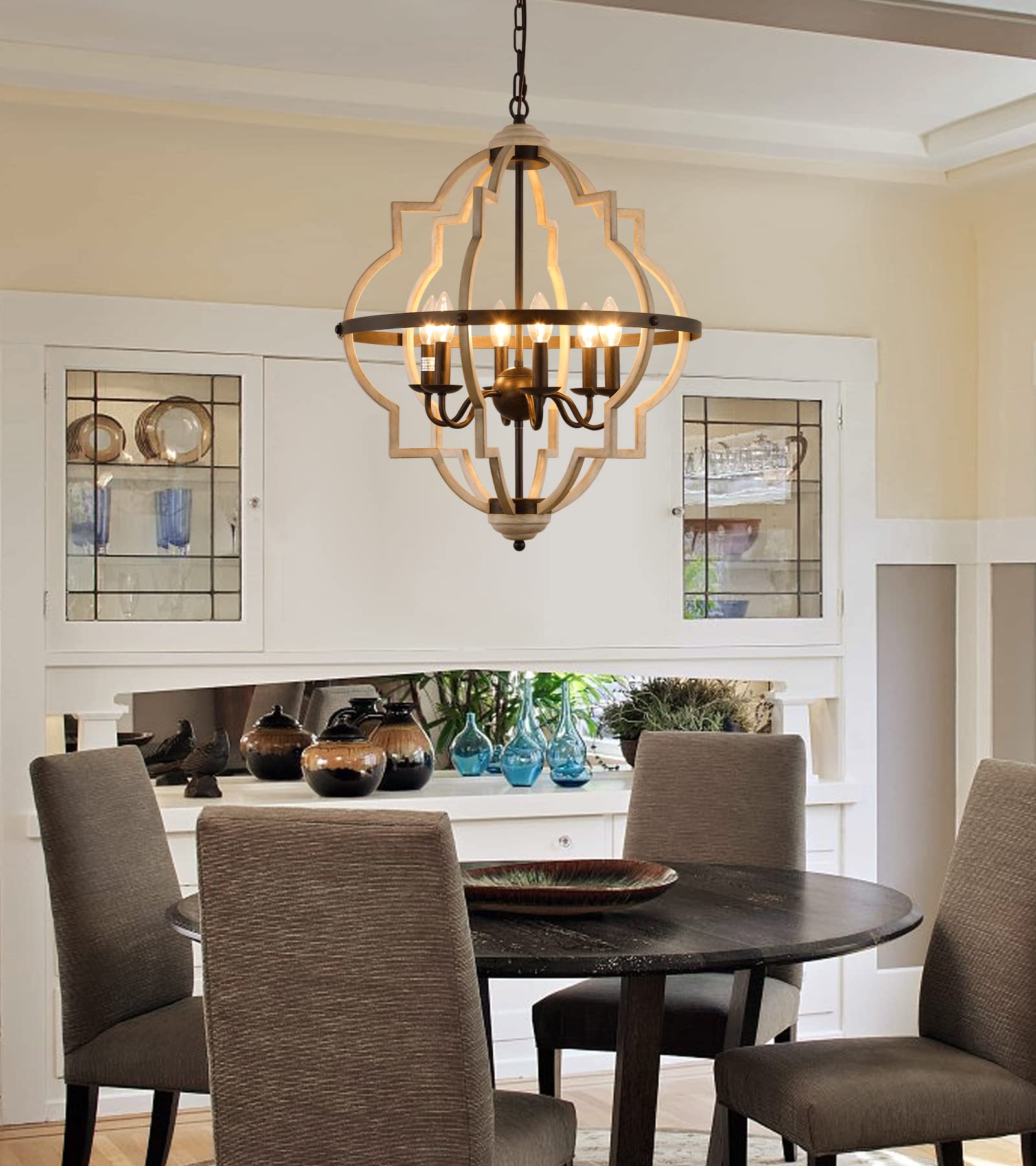 Q&S Rustic Antique Orb Chandelier, 6-Light Oak White Iron Ceiling Fixture for Foyer, Dining Room, Kitchen, Living Room