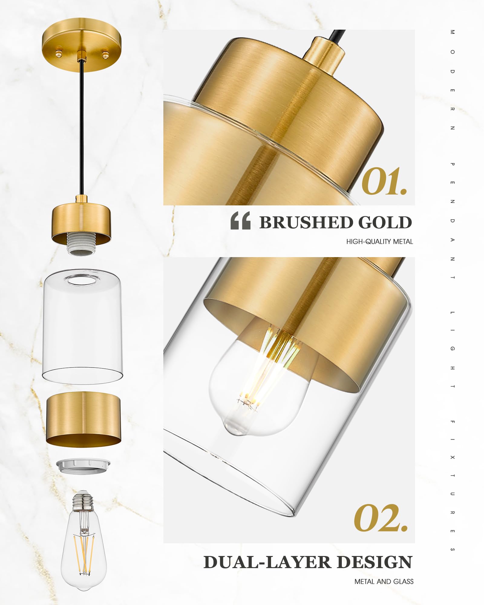 Audickic 2-Pack Brushed Gold Pendant Lights, Metal & Clear Glass Fixtures, Model AD-24022-1P2-GD for Kitchen Island & Dining Room