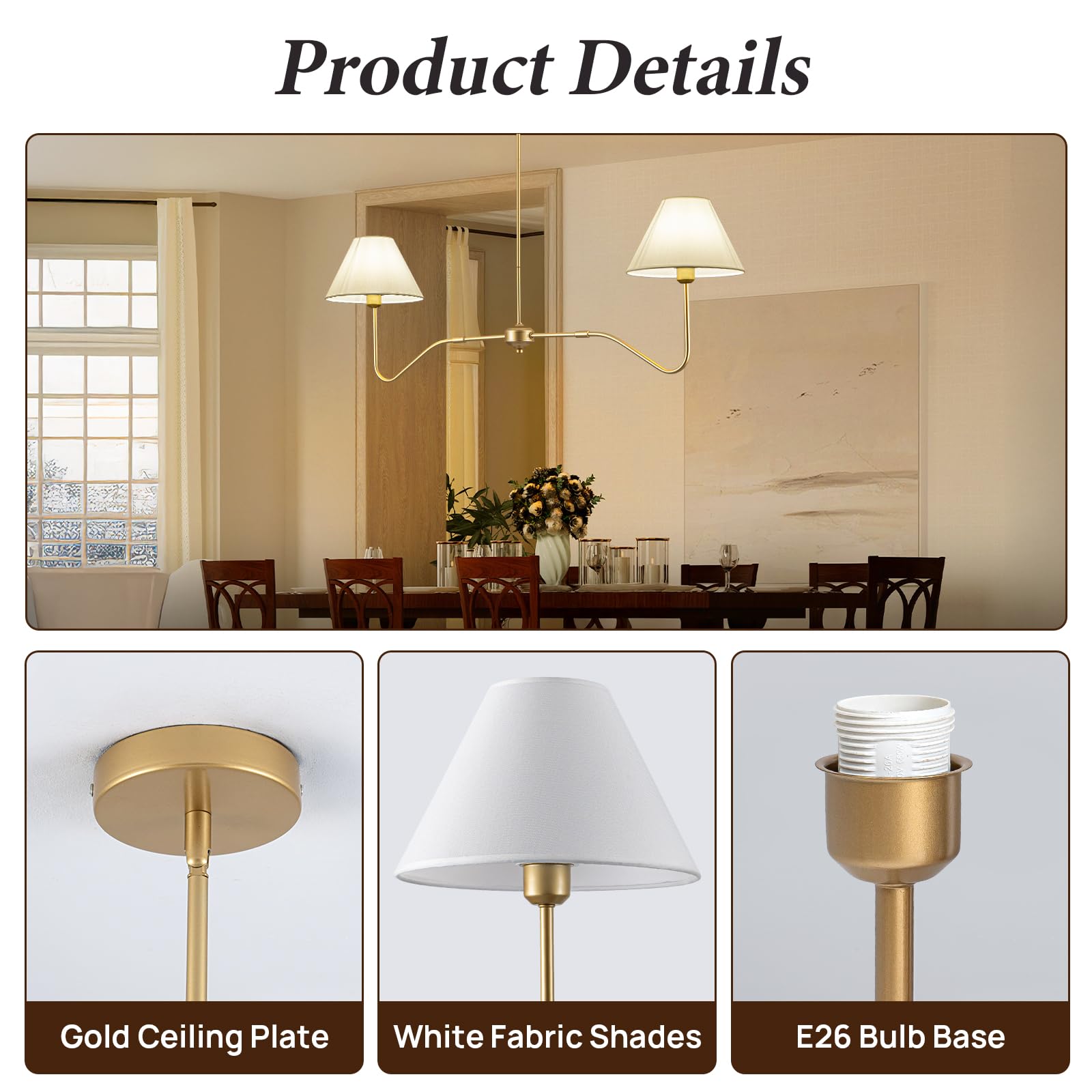 JSDORSY 2-Light Gold Linear Chandelier, 55" Adjustable Farmhouse Lighting with White Fabric Shades, Model JL-2T-Gold