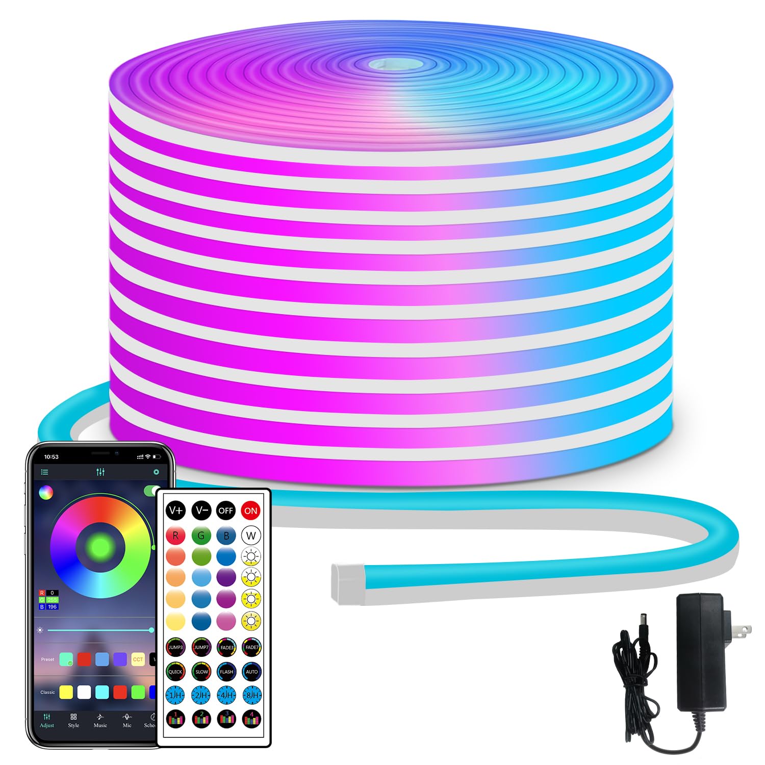 segrass 50ft RGB LED neon Rope Lights LED neon Strip Lights with Remote Control/APP Control IP65 24V Waterproof Flexible Neon LE