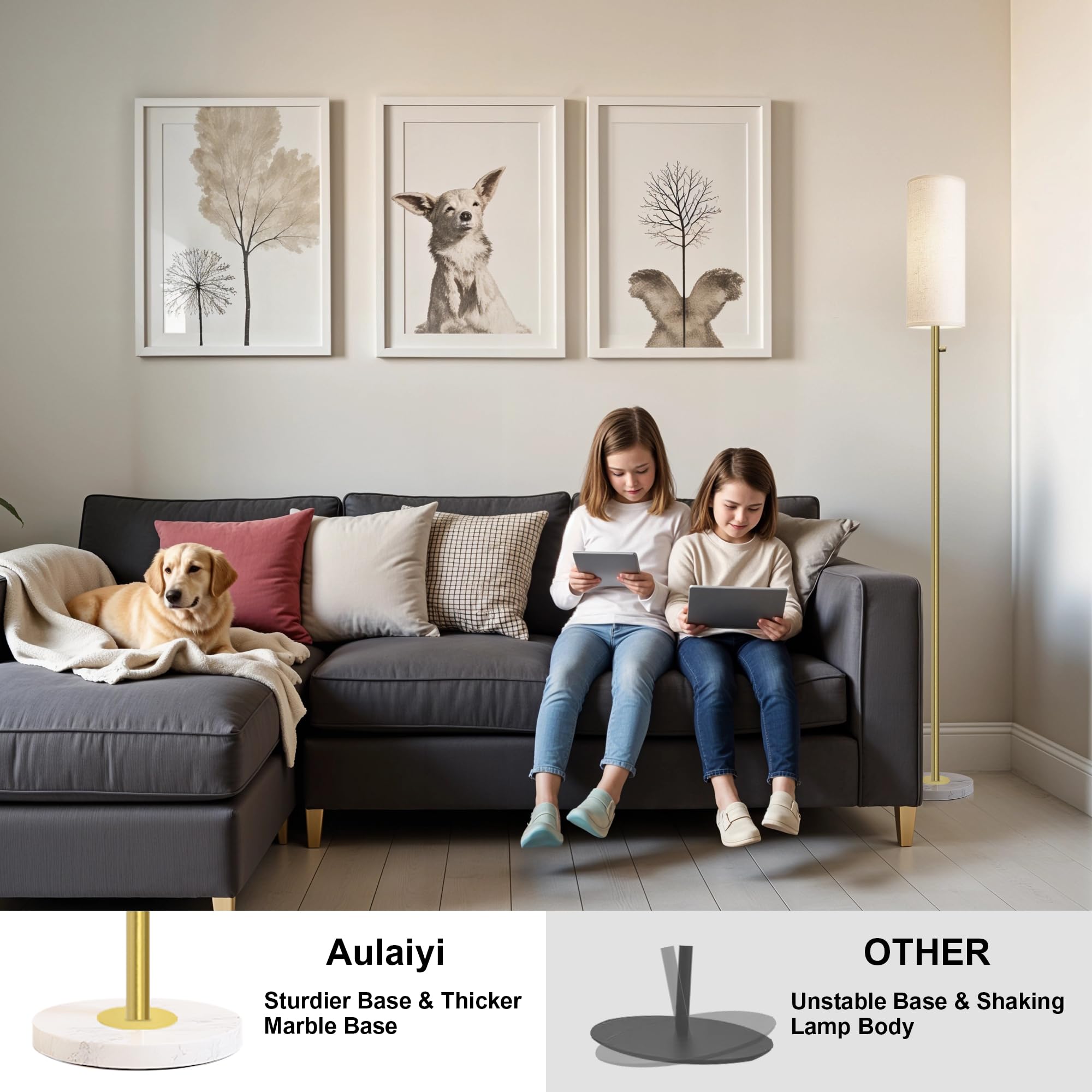 Aulaiyi Gold Floor Lamp, Dimmable Modern Standing Lamp with Marble Base, 64.1in H, Natural Linen Shade, Model WK011