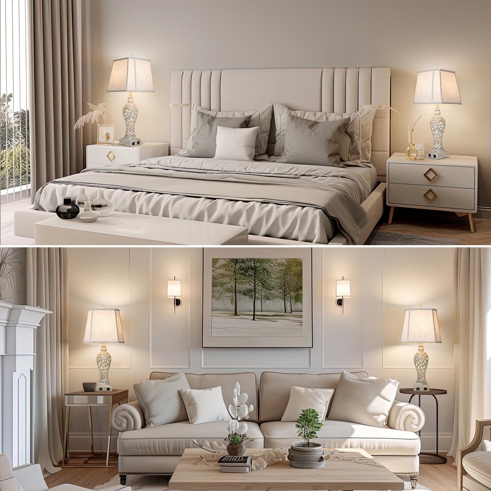 LuxSight Collection 28.5" Table Lamps Set of 2 - Cream Fabric Shades with USB & Nightlight for Bedroom and Living Room - Model LC14
